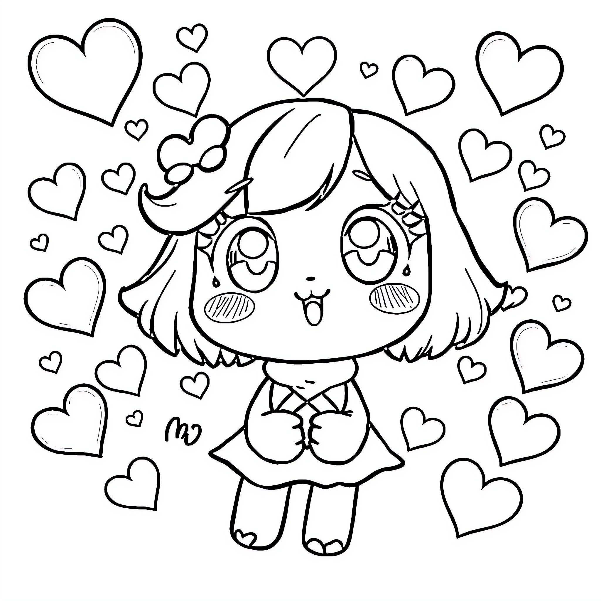Momo surrounded by loving hearts Coloring Page (free black-and-white line drawing printable PDF for all, from beginners to advanced learners, including children, teens, adults, and seniors)