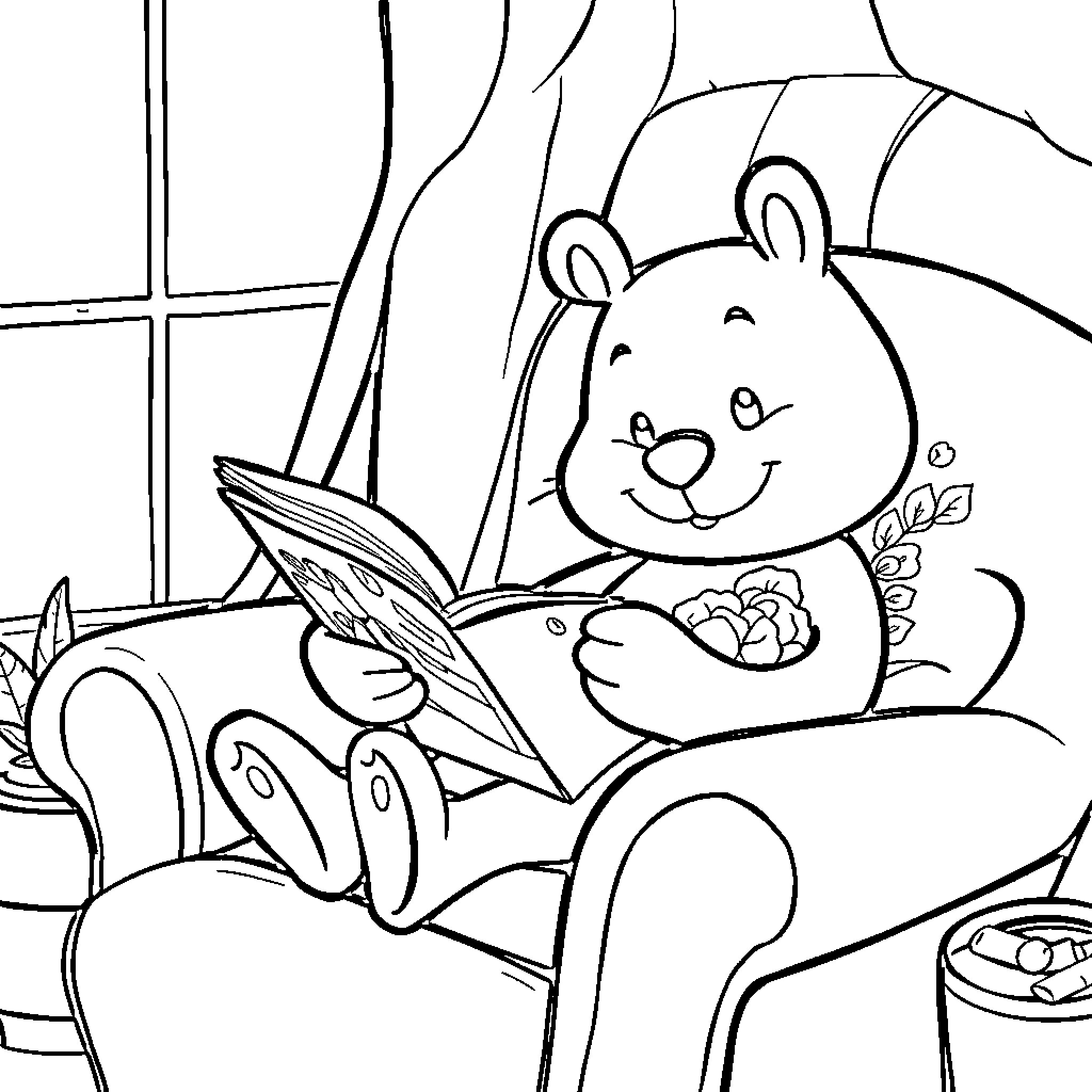 Böbo reading a book in a cozy chair Coloring Page (free black-and-white line drawing printable PDF for all, from beginners to advanced learners, including children, teens, adults, and seniors)