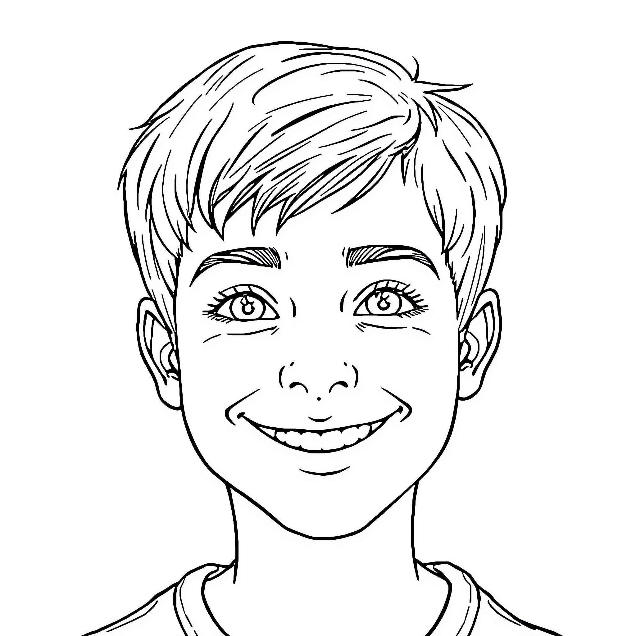 Boy with happy expression and messy hair Coloring Page (free black-and-white line drawing printable PDF for all, from beginners to advanced learners, including children, teens, adults, and seniors)