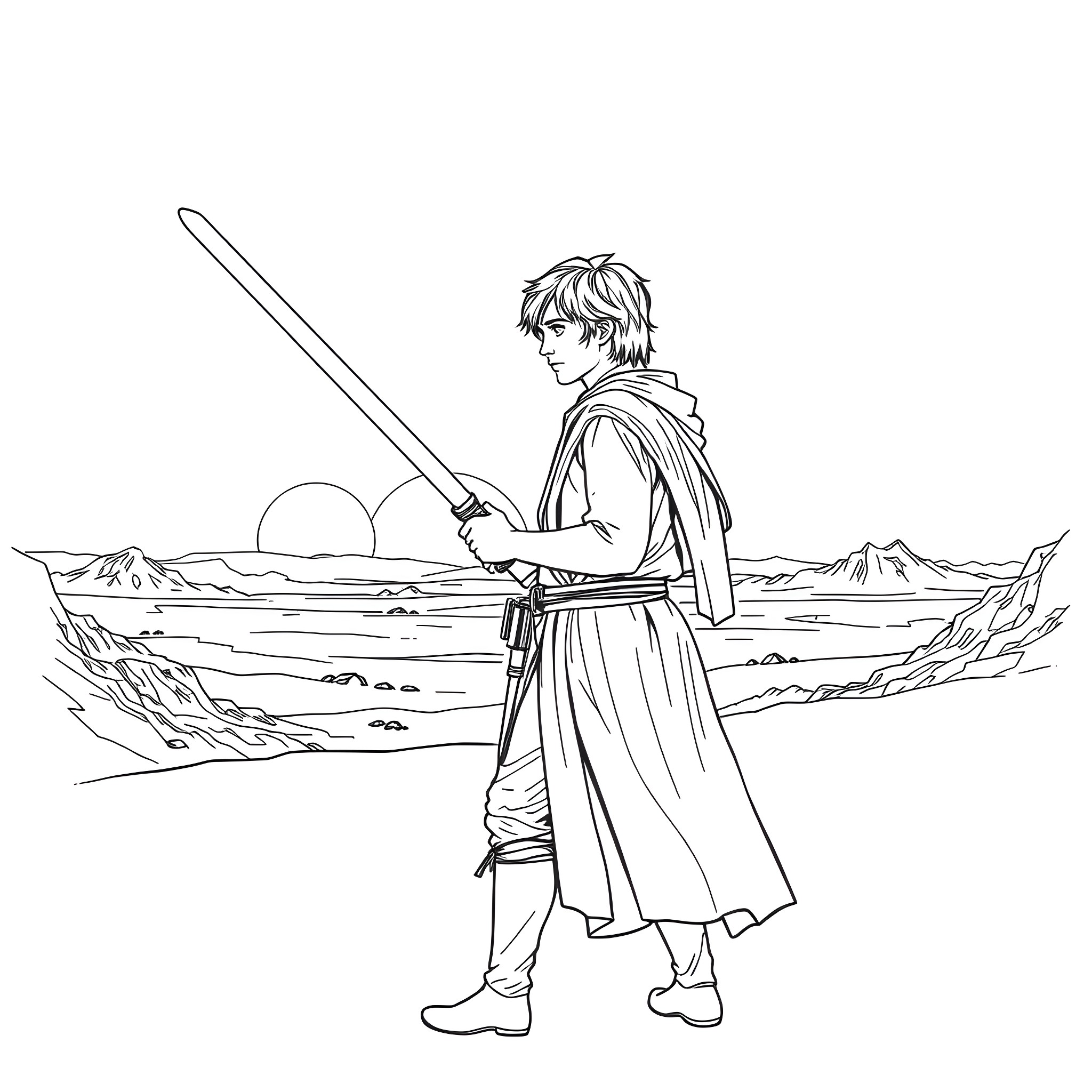 Luke Skywalker contemplating his destiny in the desert Coloring Page (free black-and-white line drawing printable PDF for all, from beginners to advanced learners, including children, teens, adults, and seniors)