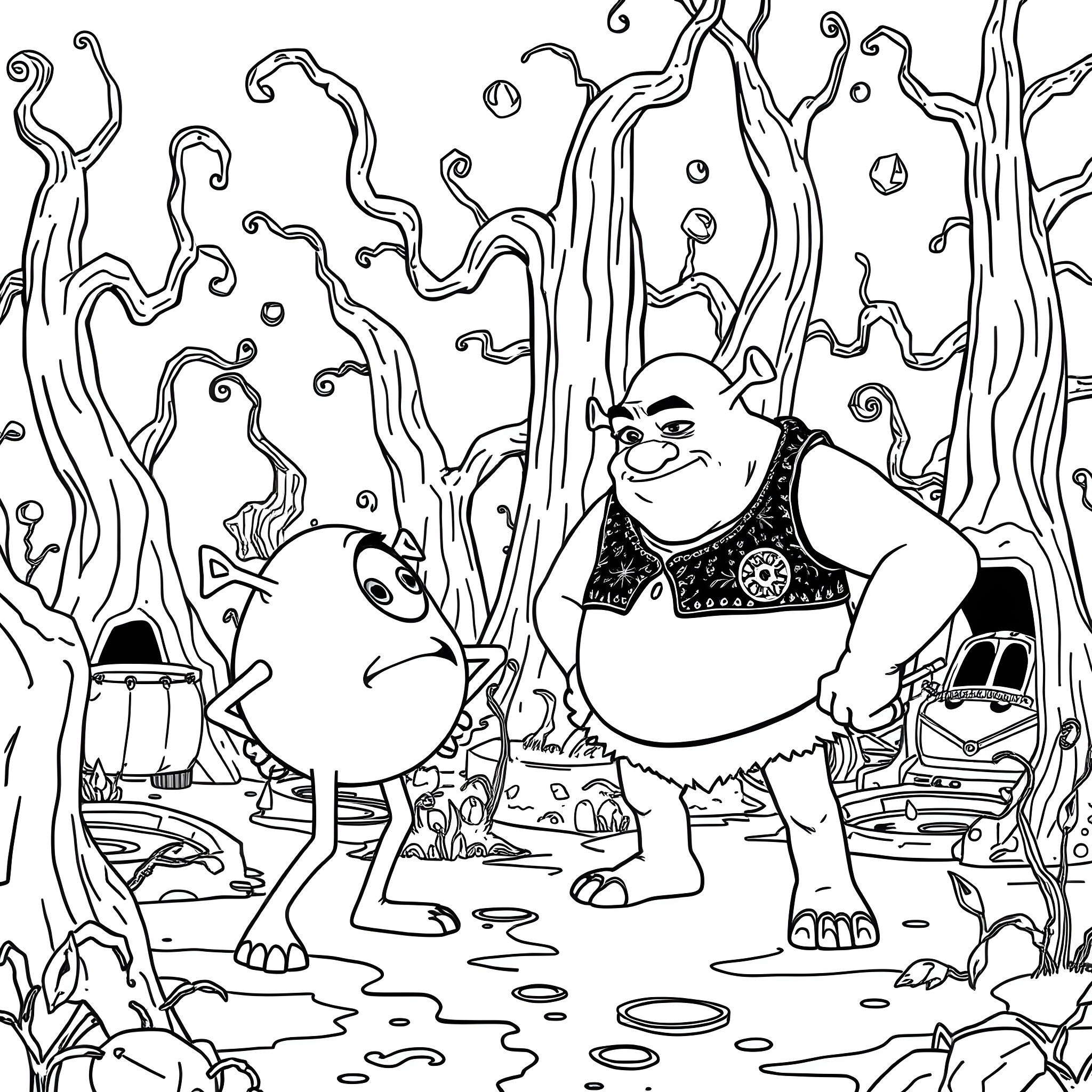 Mike Wazowski in a whimsical underwater adventure Coloring Page (free black-and-white line drawing printable PDF for all, from beginners to advanced learners, including children, teens, adults, and seniors)