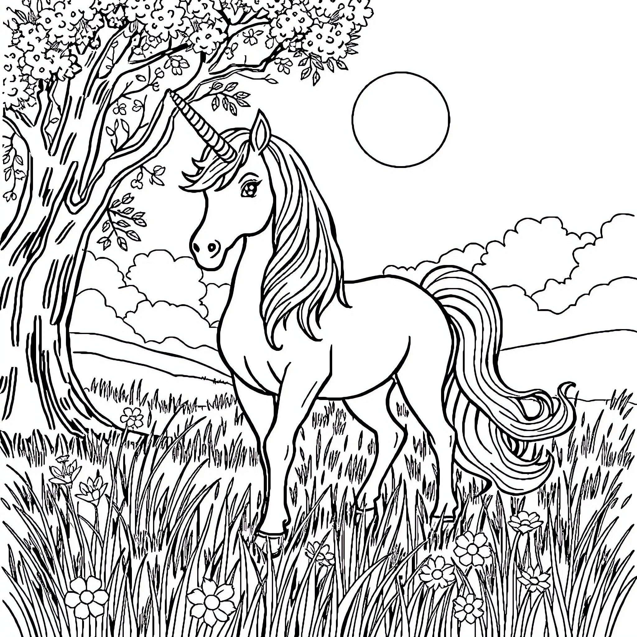 Unicorn standing in a magical meadow Coloring Page (free black-and-white line drawing printable PDF for all, from beginners to advanced learners, including children, teens, adults, and seniors)