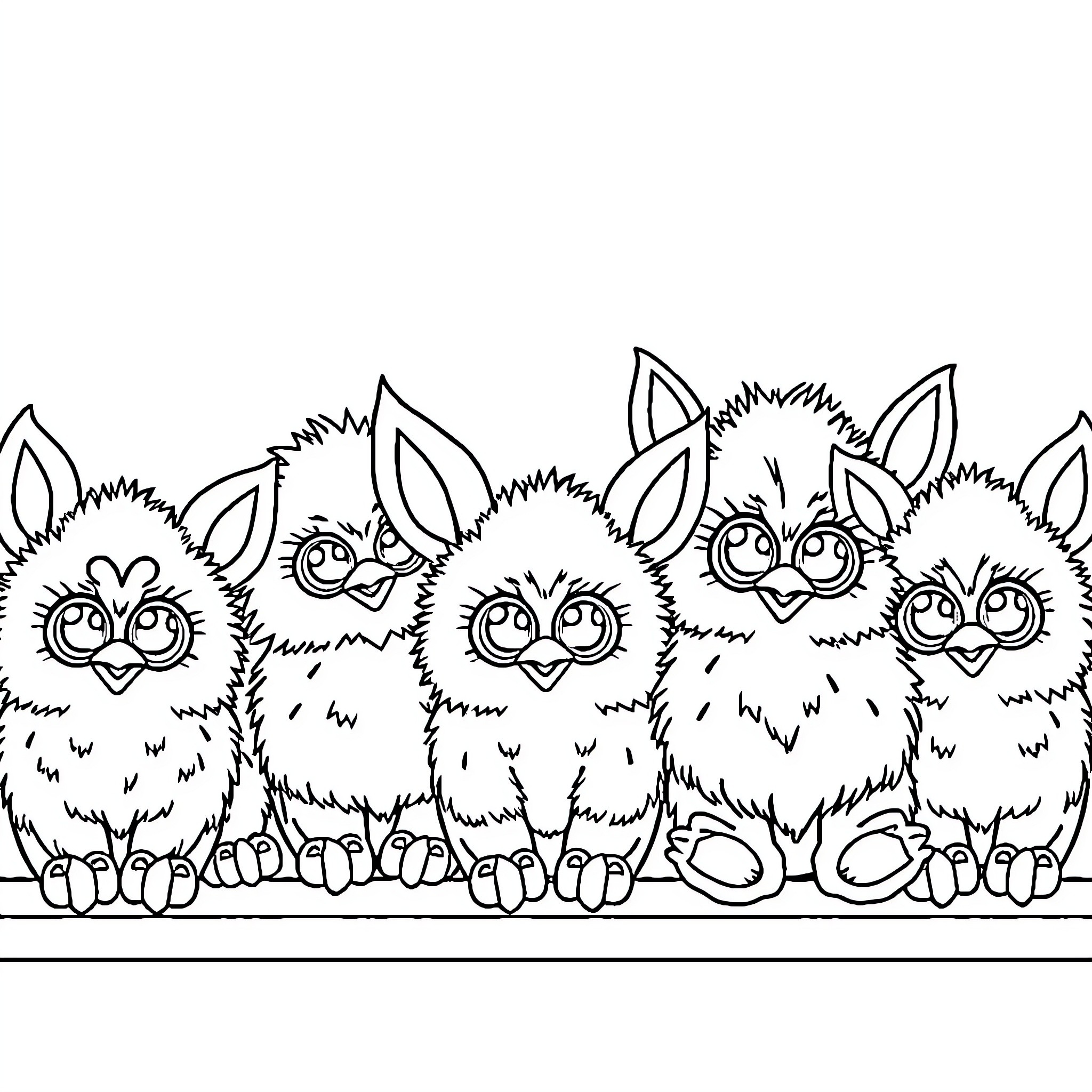 Furby creatures lined up with playful expressions Coloring Page (free black-and-white line drawing printable PDF for all, from beginners to advanced learners, including children, teens, adults, and seniors)