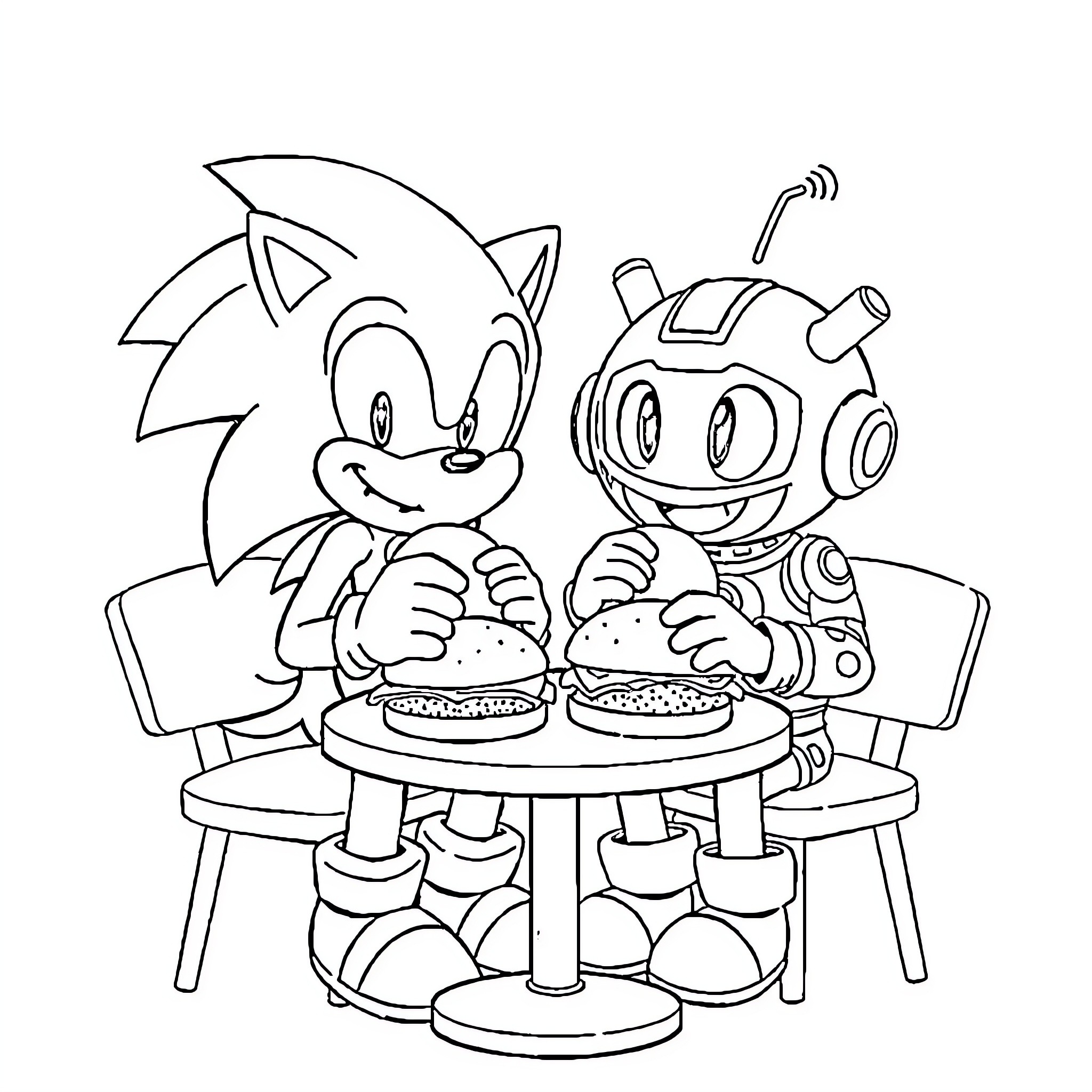 Sonic and Robot Companion Enjoying Burgers Together Coloring Page (free black-and-white line drawing printable PDF for all, from beginners to advanced learners, including children, teens, adults, and seniors)