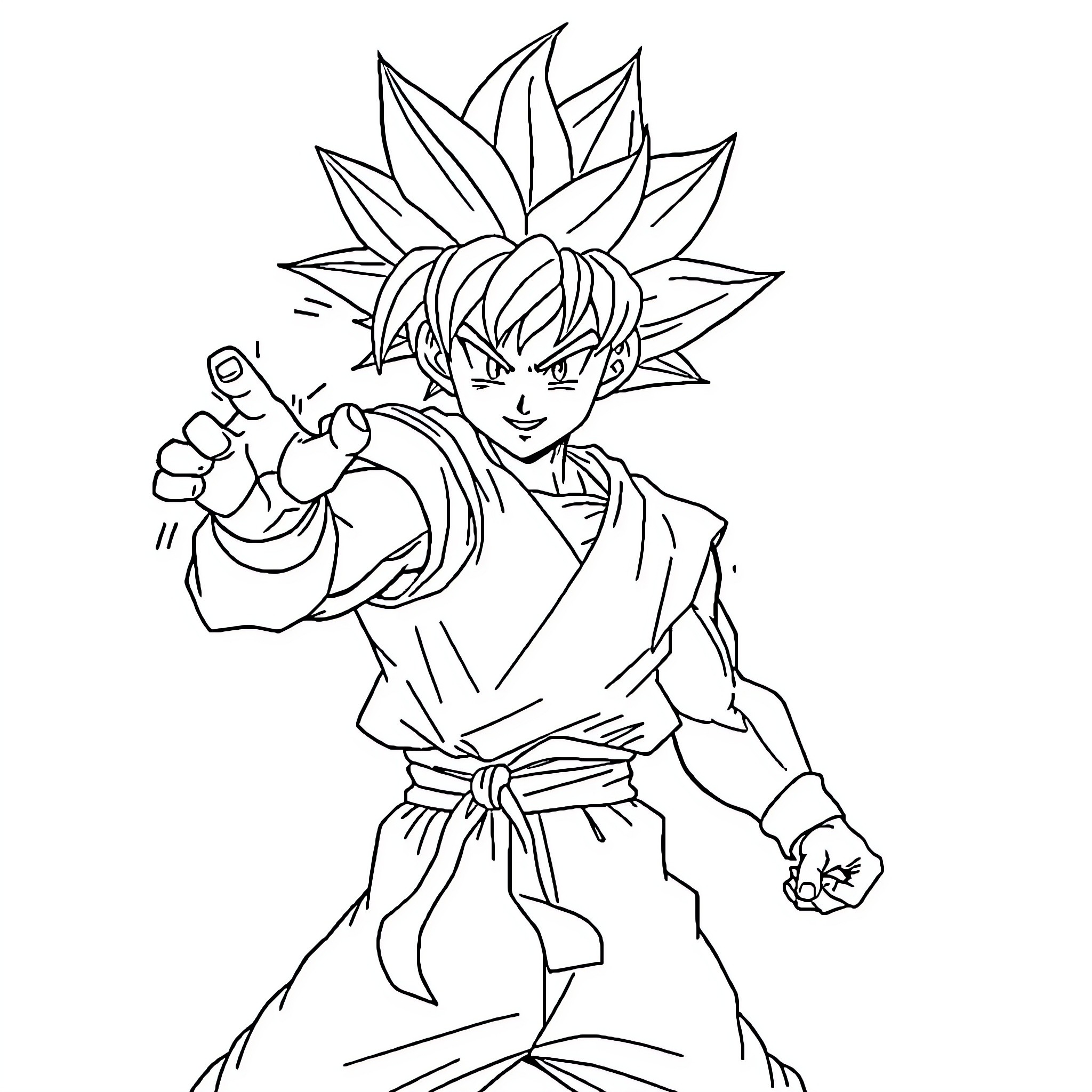 Goku in action pose with determination Coloring Page (free black-and-white line drawing printable PDF for all, from beginners to advanced learners, including children, teens, adults, and seniors)