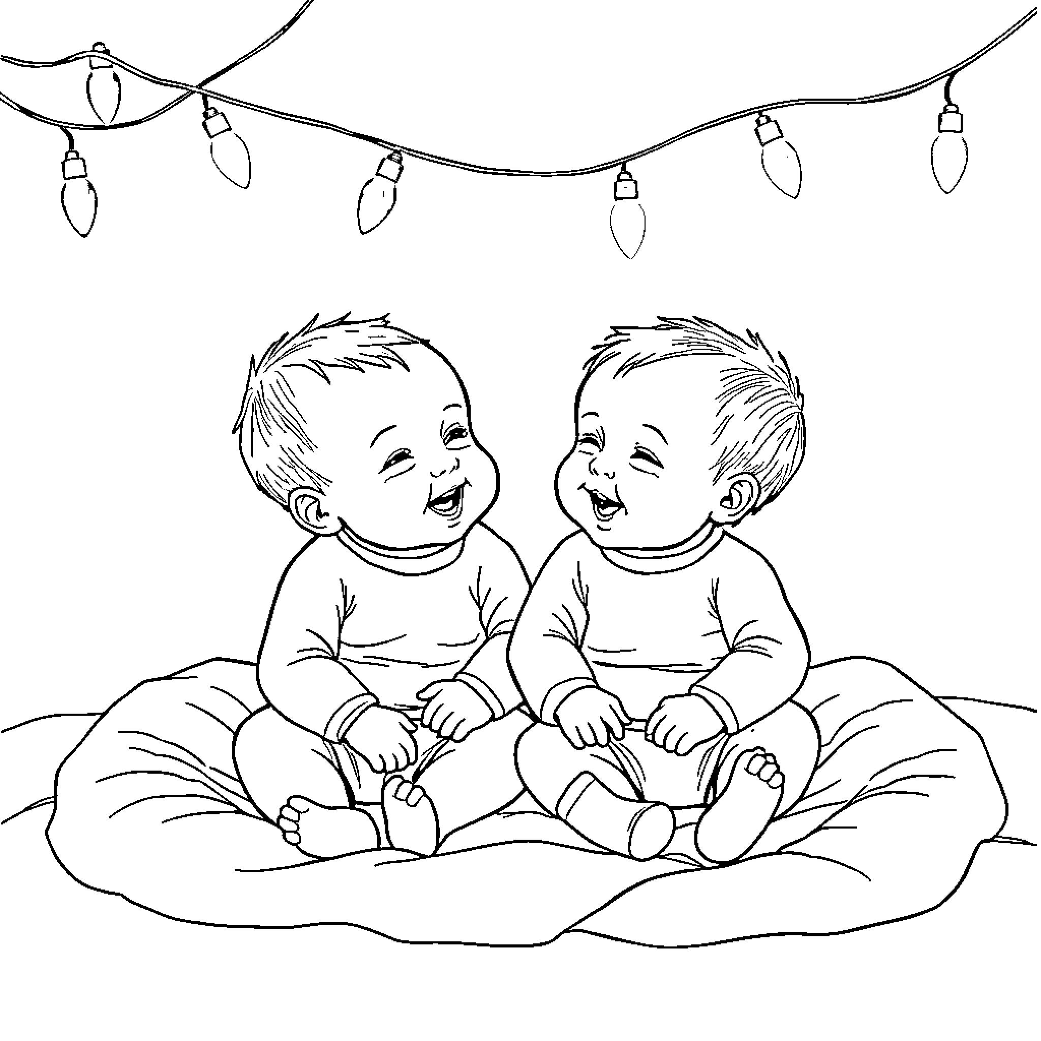 Boys giggling joyfully under holiday lights Coloring Page (free black-and-white line drawing printable PDF for all, from beginners to advanced learners, including children, teens, adults, and seniors)