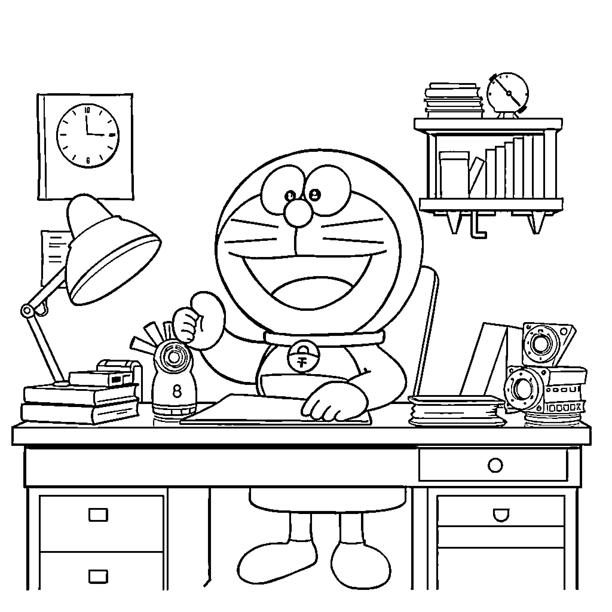 Doraemon sitting at desk with various study items Coloring Page (free black-and-white line drawing printable PDF for all, from beginners to advanced learners, including children, teens, adults, and seniors)