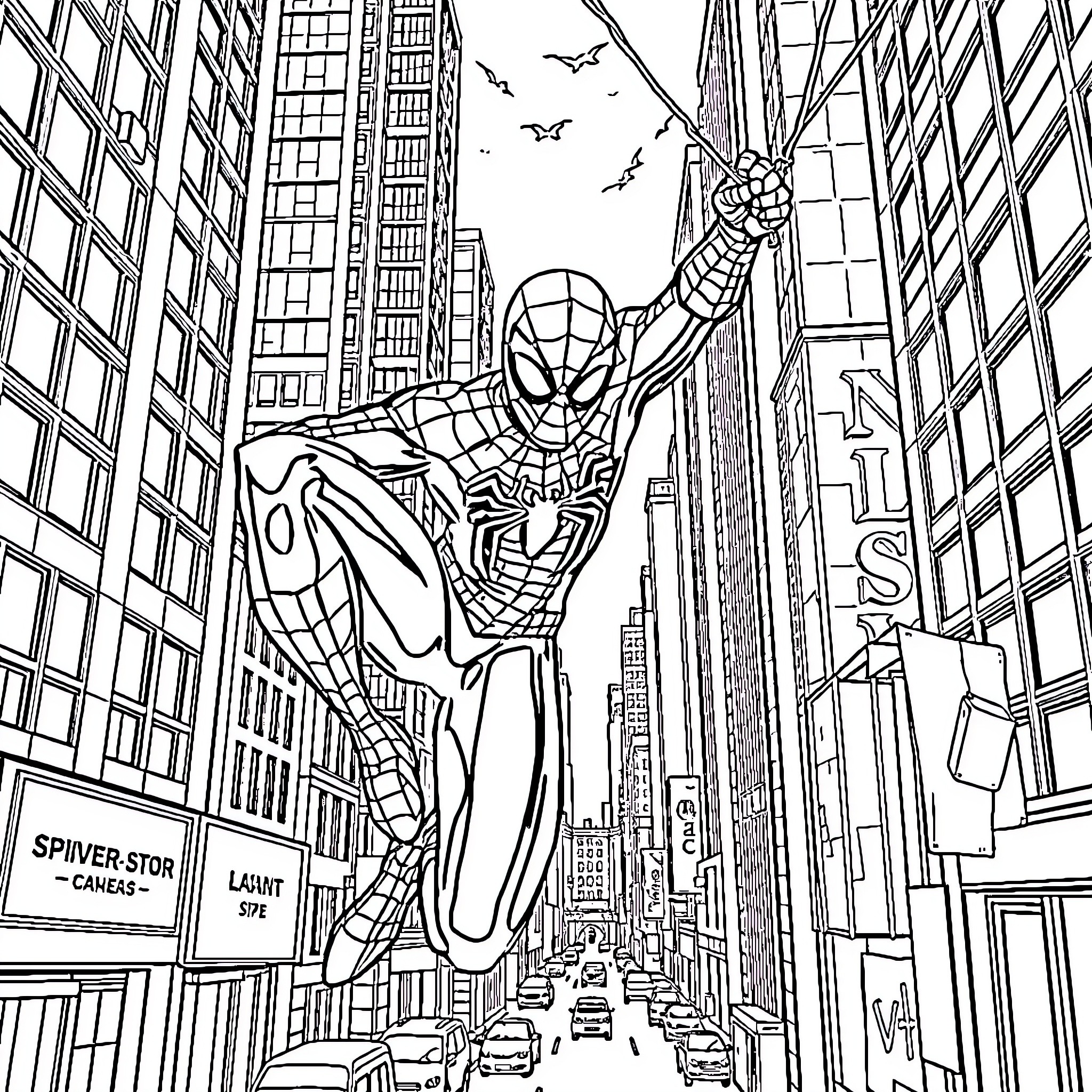 Spider-Man swinging through the city skyline Coloring Page (free black-and-white line drawing printable PDF for all, from beginners to advanced learners, including children, teens, adults, and seniors)