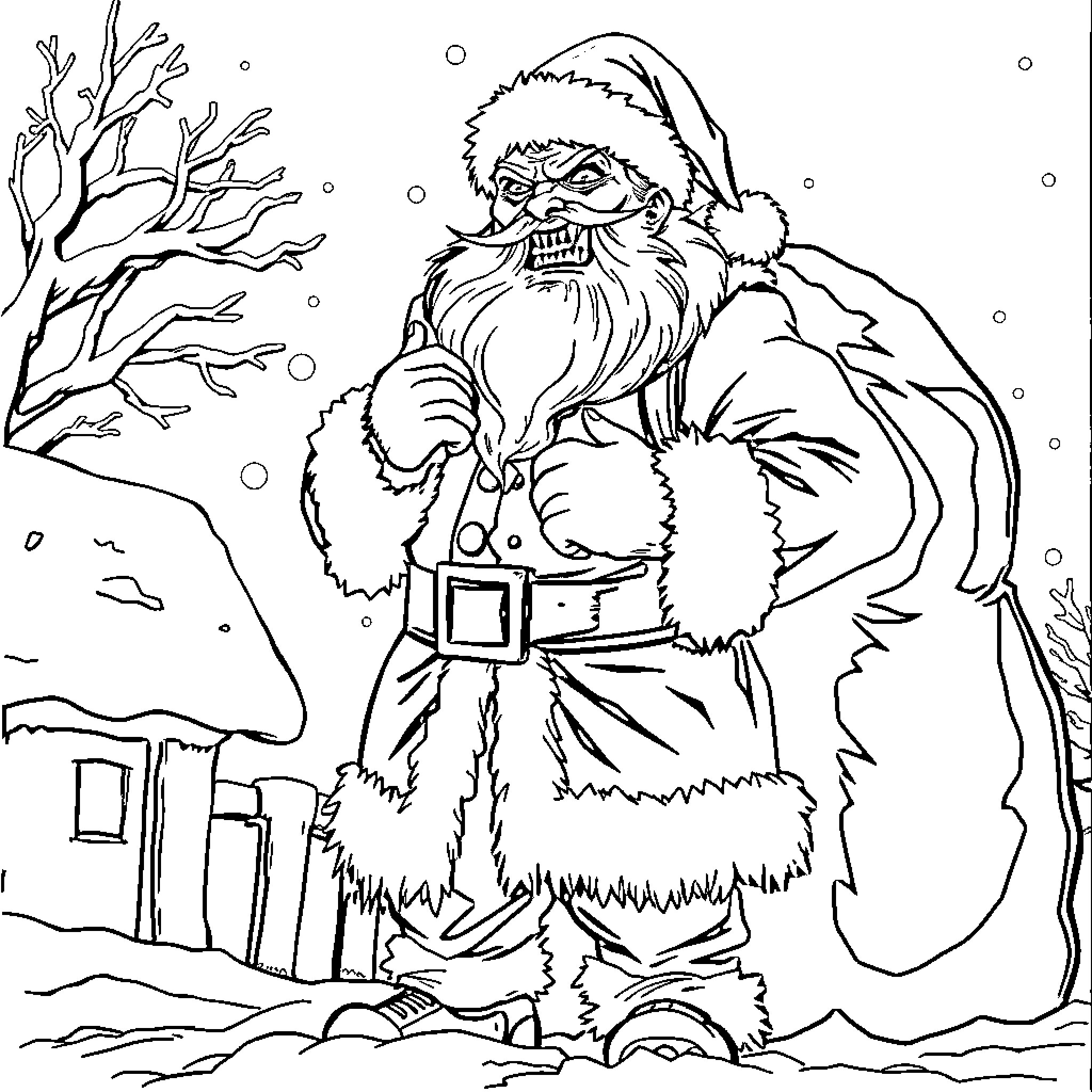 Vampire Santa Clause in Winter Wonderland Coloring Page (free black-and-white line drawing printable PDF for all, from beginners to advanced learners, including children, teens, adults, and seniors)
