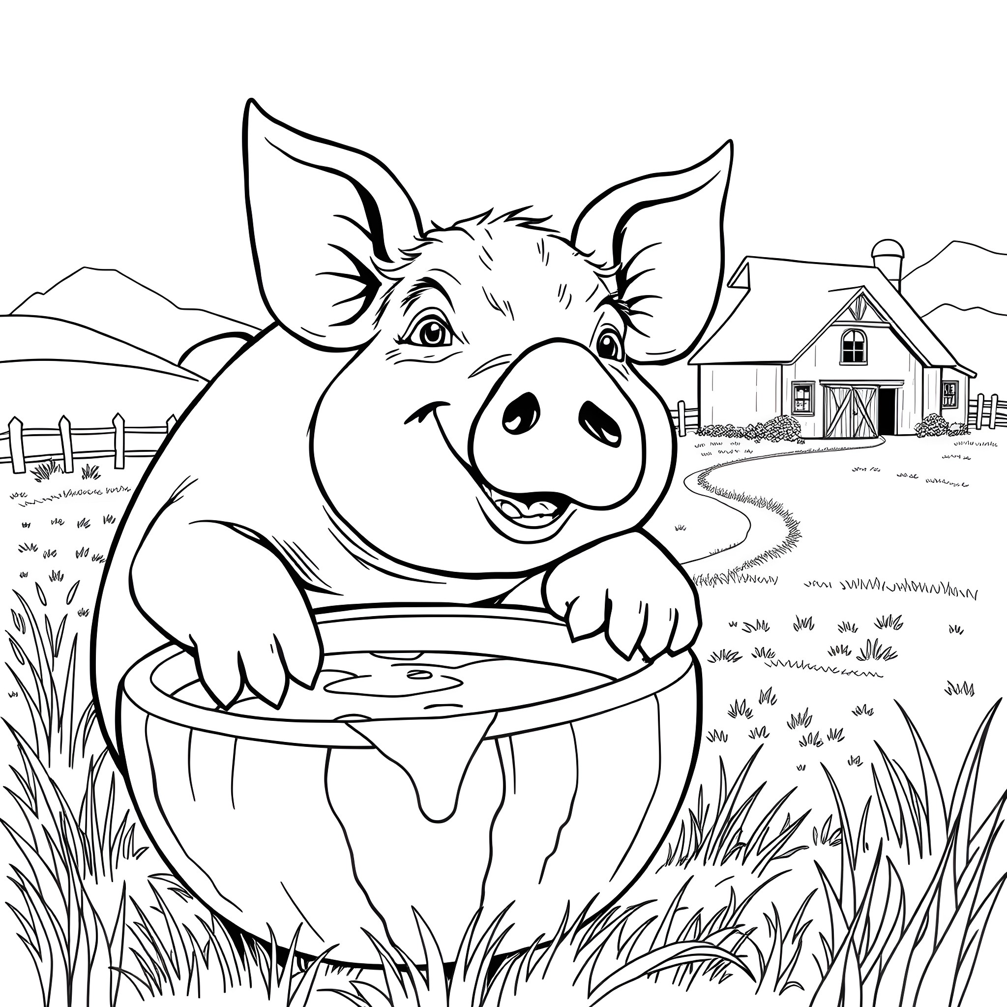 Pig playing joyfully in a farm setting Coloring Page (free black-and-white line drawing printable PDF for all, from beginners to advanced learners, including children, teens, adults, and seniors)