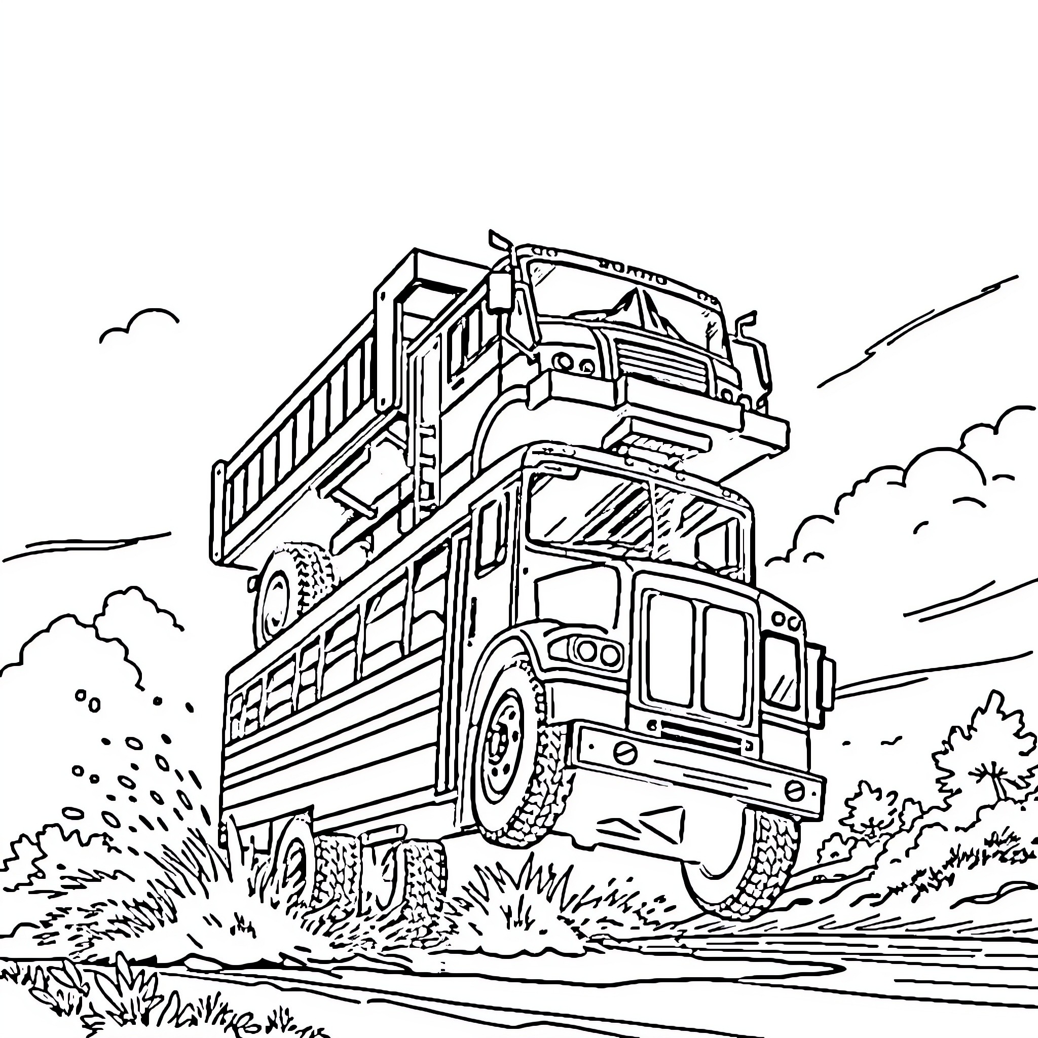 Rolloff Truck Hauling Construction Debris on Muddy Road Coloring Page (free black-and-white line drawing printable PDF for all, from beginners to advanced learners, including children, teens, adults, and seniors)