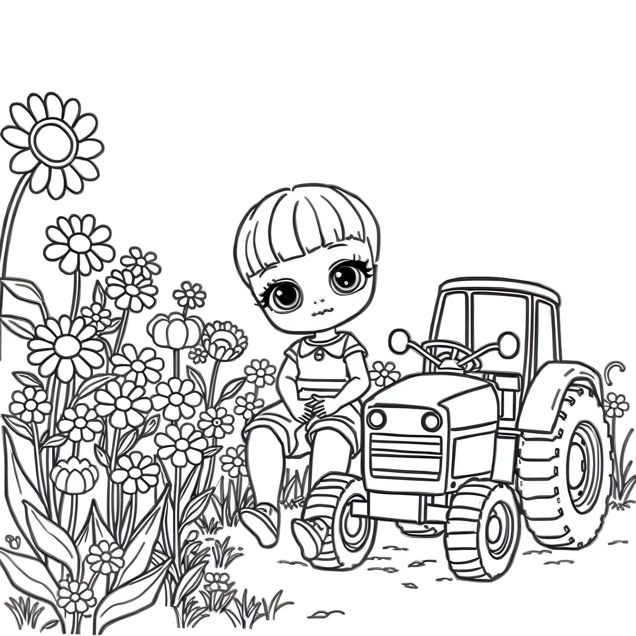 Doll playing happily with tractor in flower garden Coloring Page (free black-and-white line drawing printable PDF for all, from beginners to advanced learners, including children, teens, adults, and seniors)