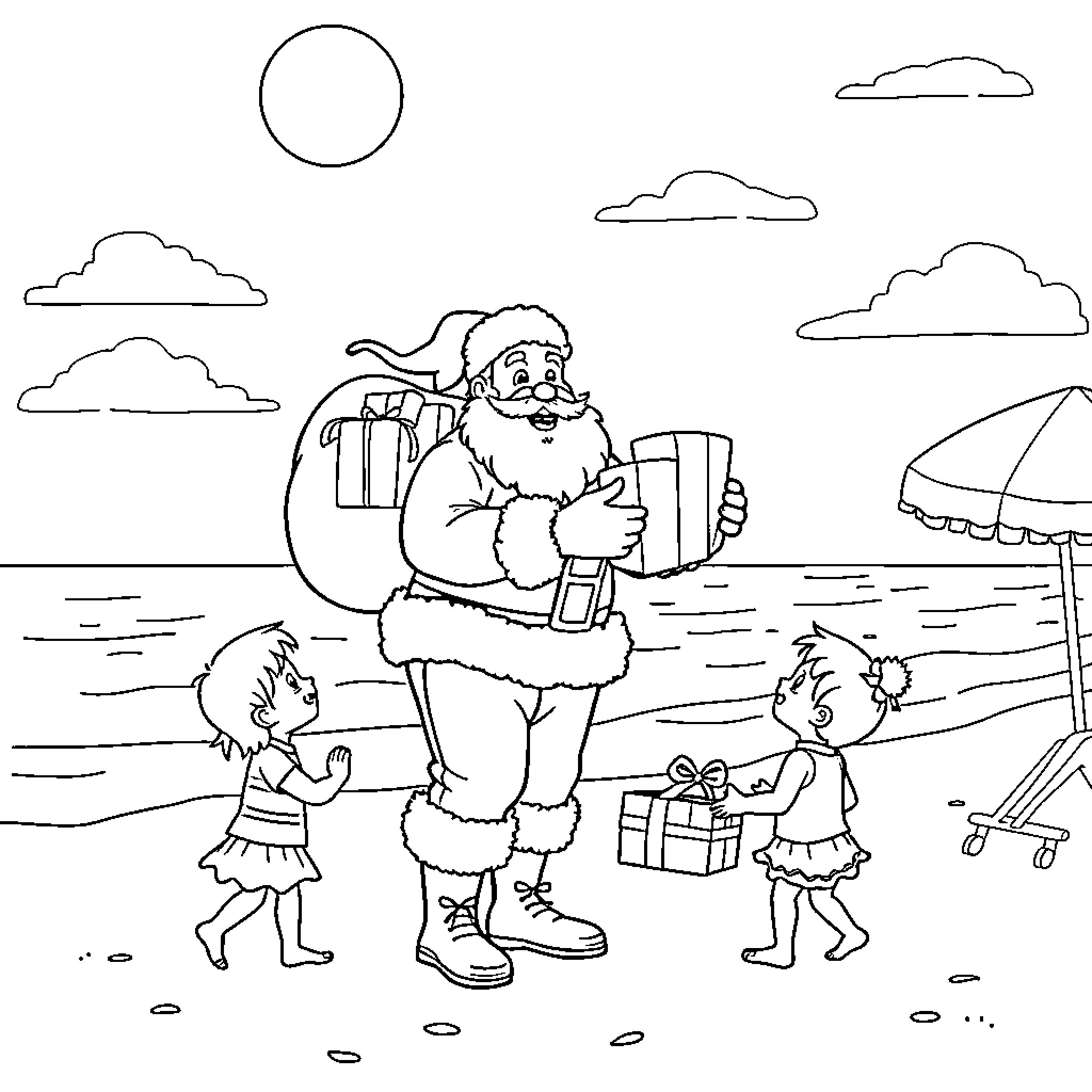 Santa Claus delivering gifts to children at the beach Coloring Page (free black-and-white line drawing printable PDF for all, from beginners to advanced learners, including children, teens, adults, and seniors)