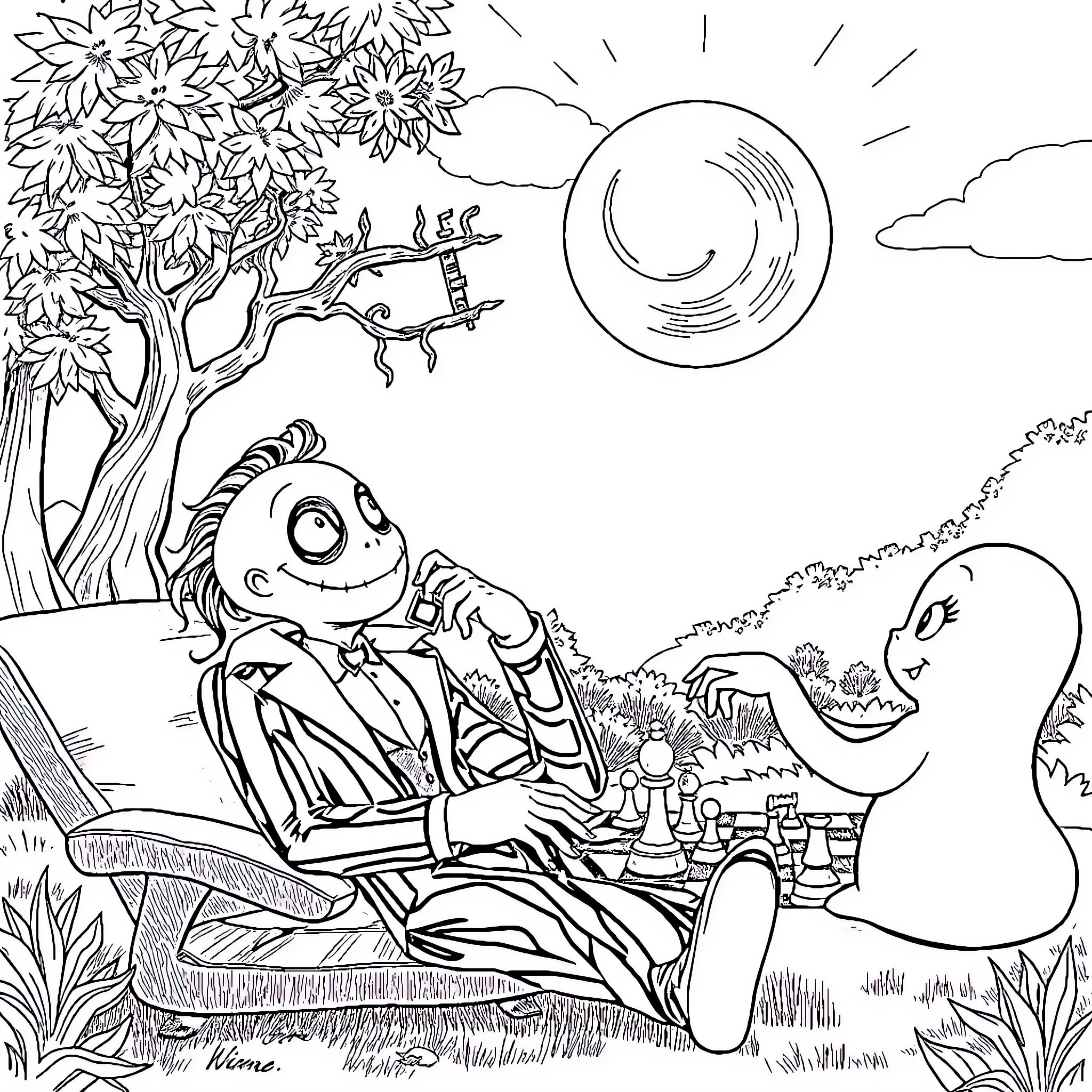 Beetlejuice relaxing in the enchanted forest Coloring Page (free black-and-white line drawing printable PDF for all, from beginners to advanced learners, including children, teens, adults, and seniors)