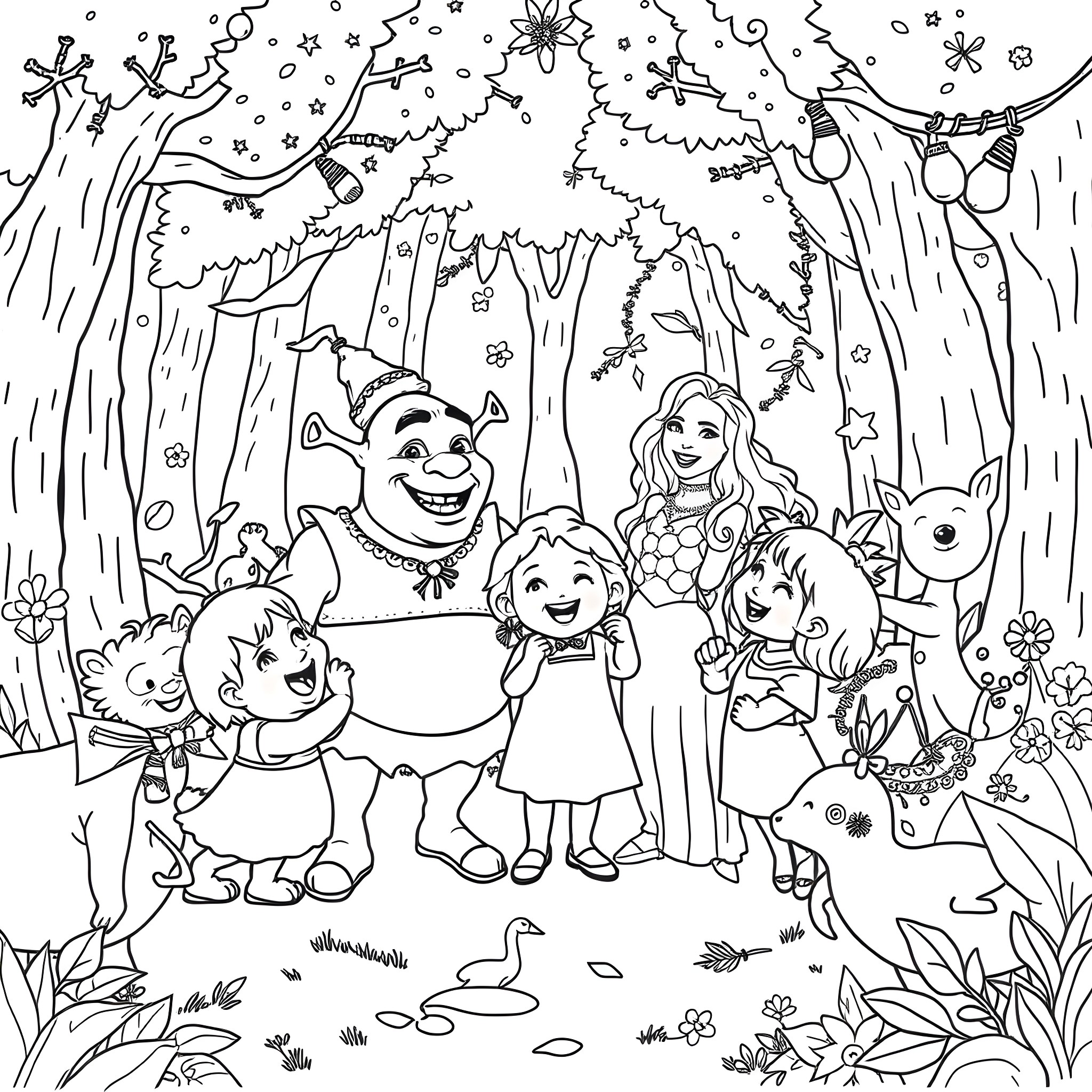 Shrek and friends enjoying a whimsical adventure in the forest Coloring Page (free black-and-white line drawing printable PDF for all, from beginners to advanced learners, including children, teens, adults, and seniors)