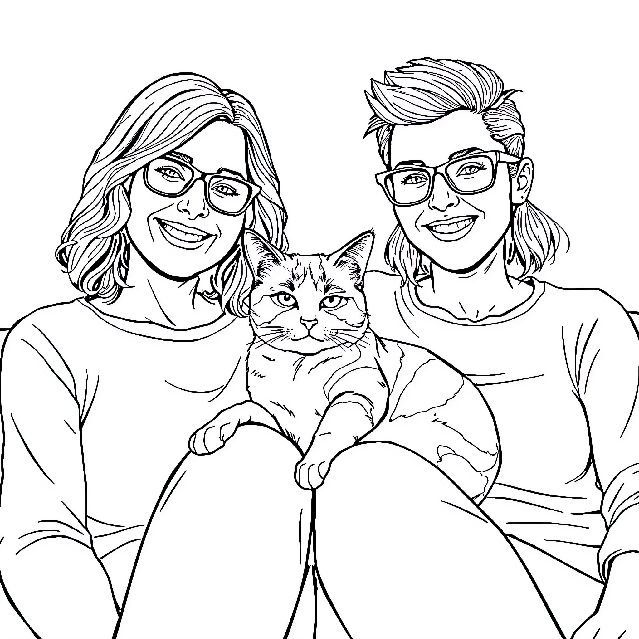 Woman and Man Posing with Beloved Pet Cat Coloring Page (free black-and-white line drawing printable PDF for all, from beginners to advanced learners, including children, teens, adults, and seniors)