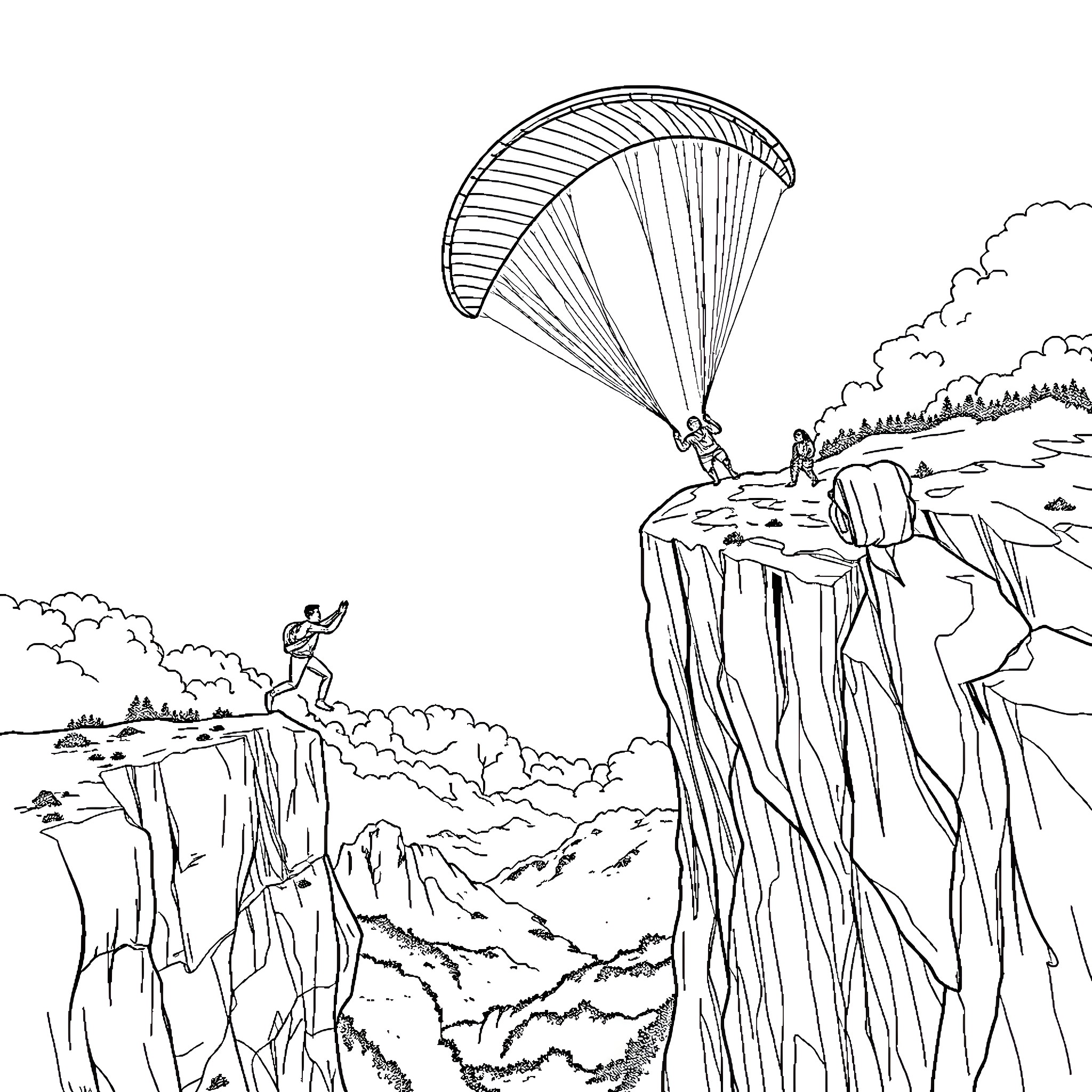Extreme Sport Paragliding Over Rugged Terrain Coloring Page (free black-and-white line drawing printable PDF for all, from beginners to advanced learners, including children, teens, adults, and seniors)