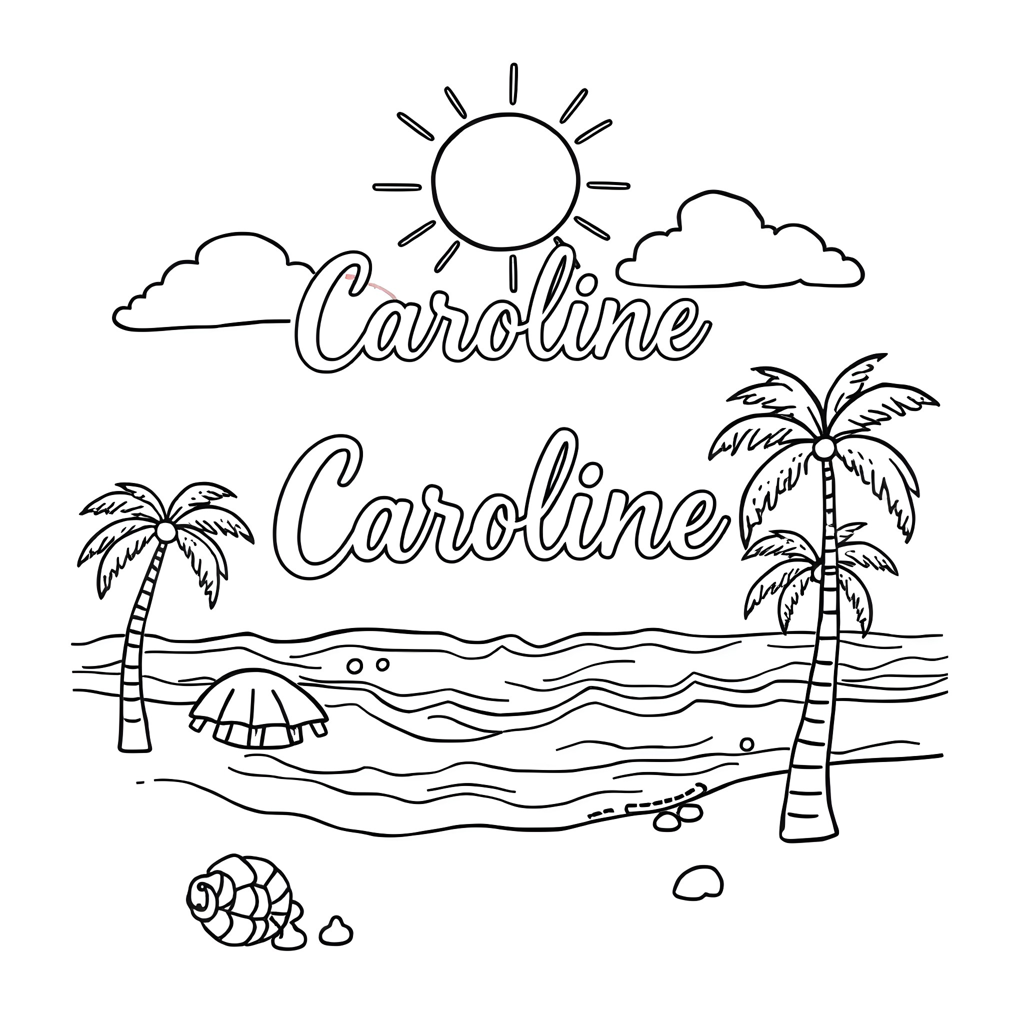 Summer beach scene with palm trees and sun Coloring Page (free black-and-white line drawing printable PDF for all, from beginners to advanced learners, including children, teens, adults, and seniors)