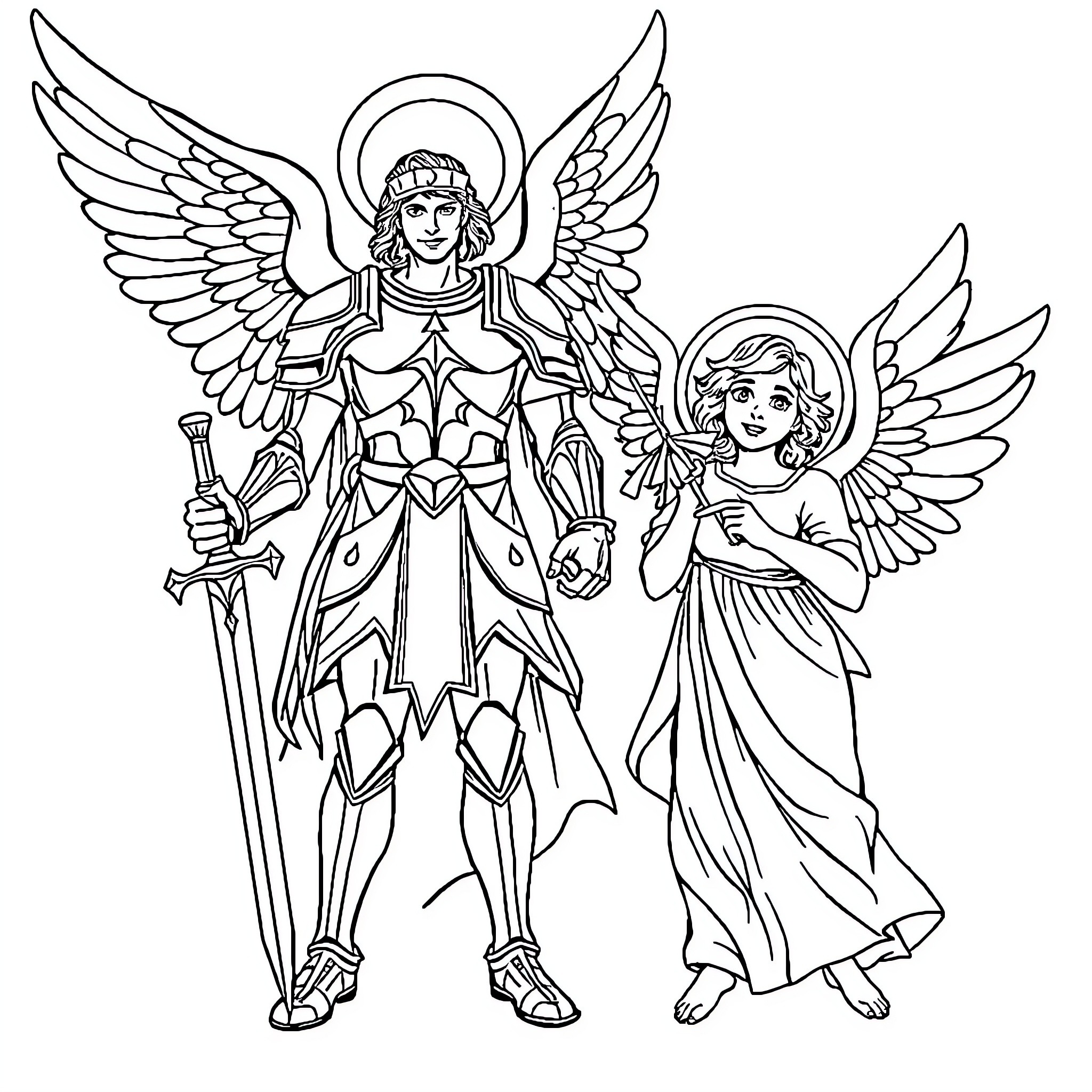 Archangels in Celestial Armor Coloring Page (free black-and-white line drawing printable PDF for all, from beginners to advanced learners, including children, teens, adults, and seniors)