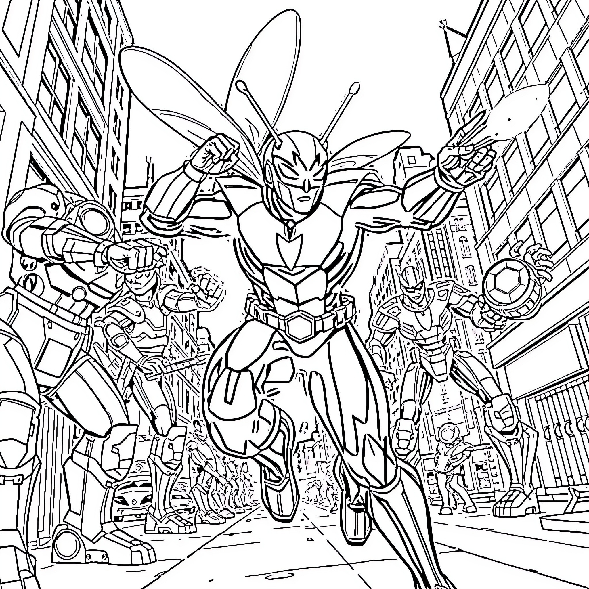 Blue Beetle Heroic Action in the City Coloring Page (free black-and-white line drawing printable PDF for all, from beginners to advanced learners, including children, teens, adults, and seniors)