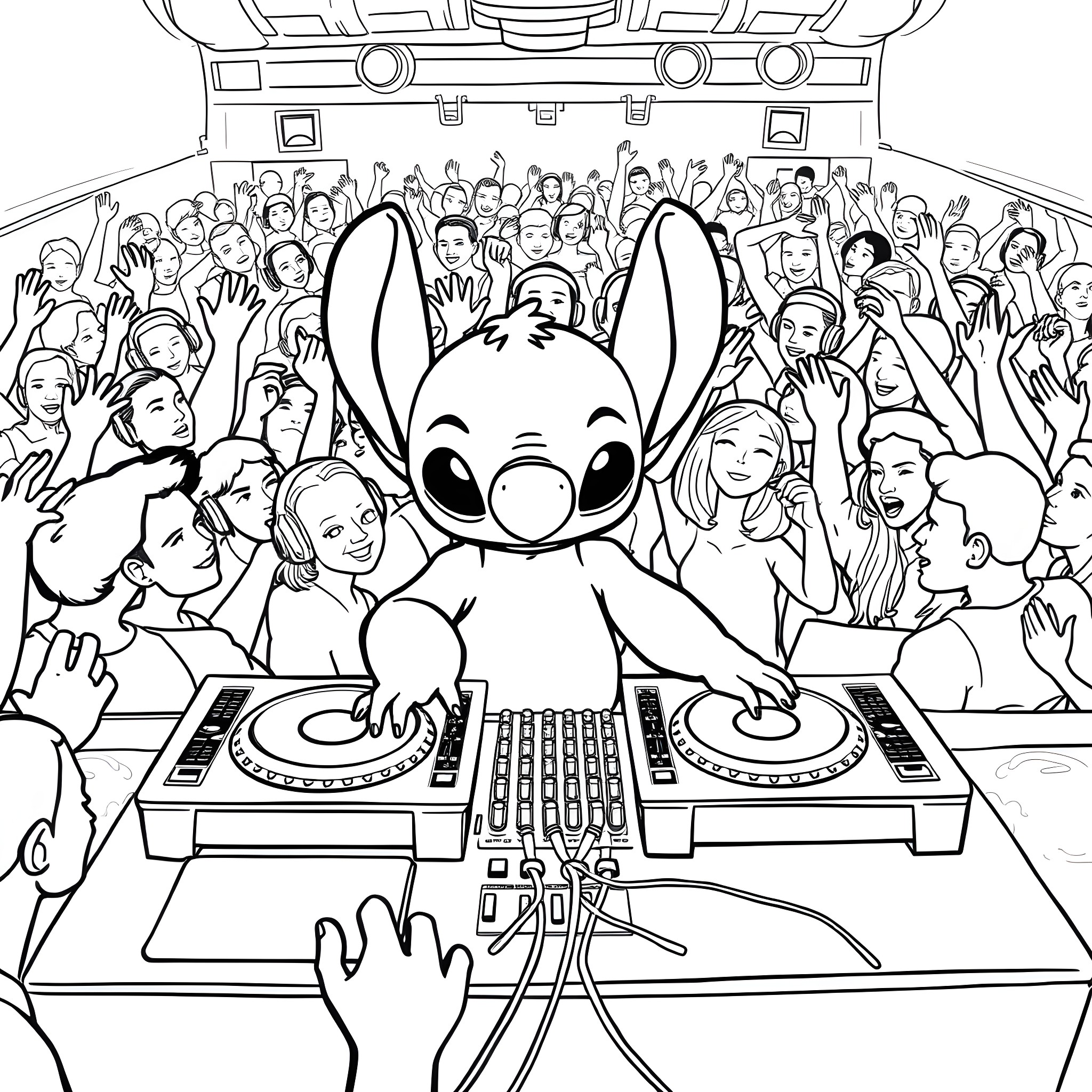 Stitch entertaining a lively crowd with music Coloring Page (free black-and-white line drawing printable PDF for all, from beginners to advanced learners, including children, teens, adults, and seniors)