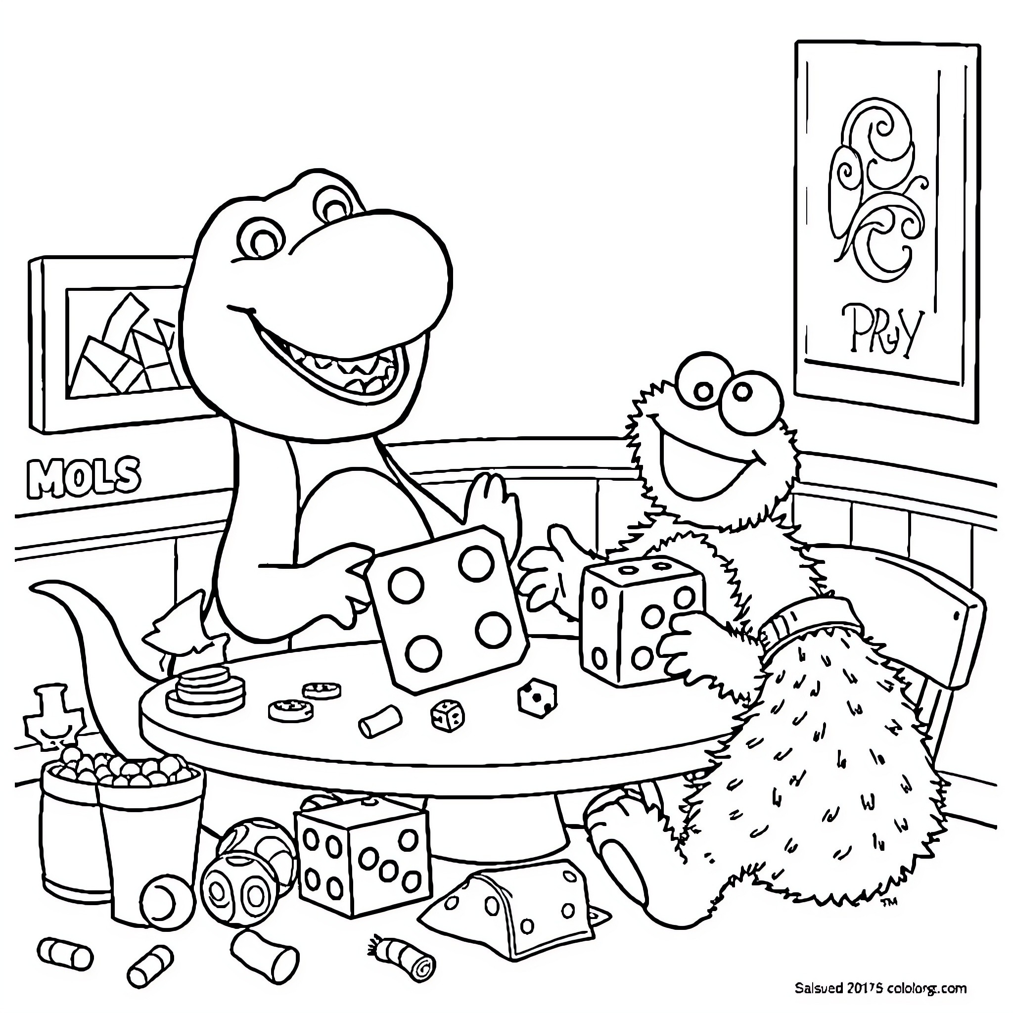 Barney playing games with Cookie Monster in the room Coloring Page (free black-and-white line drawing printable PDF for all, from beginners to advanced learners, including children, teens, adults, and seniors)