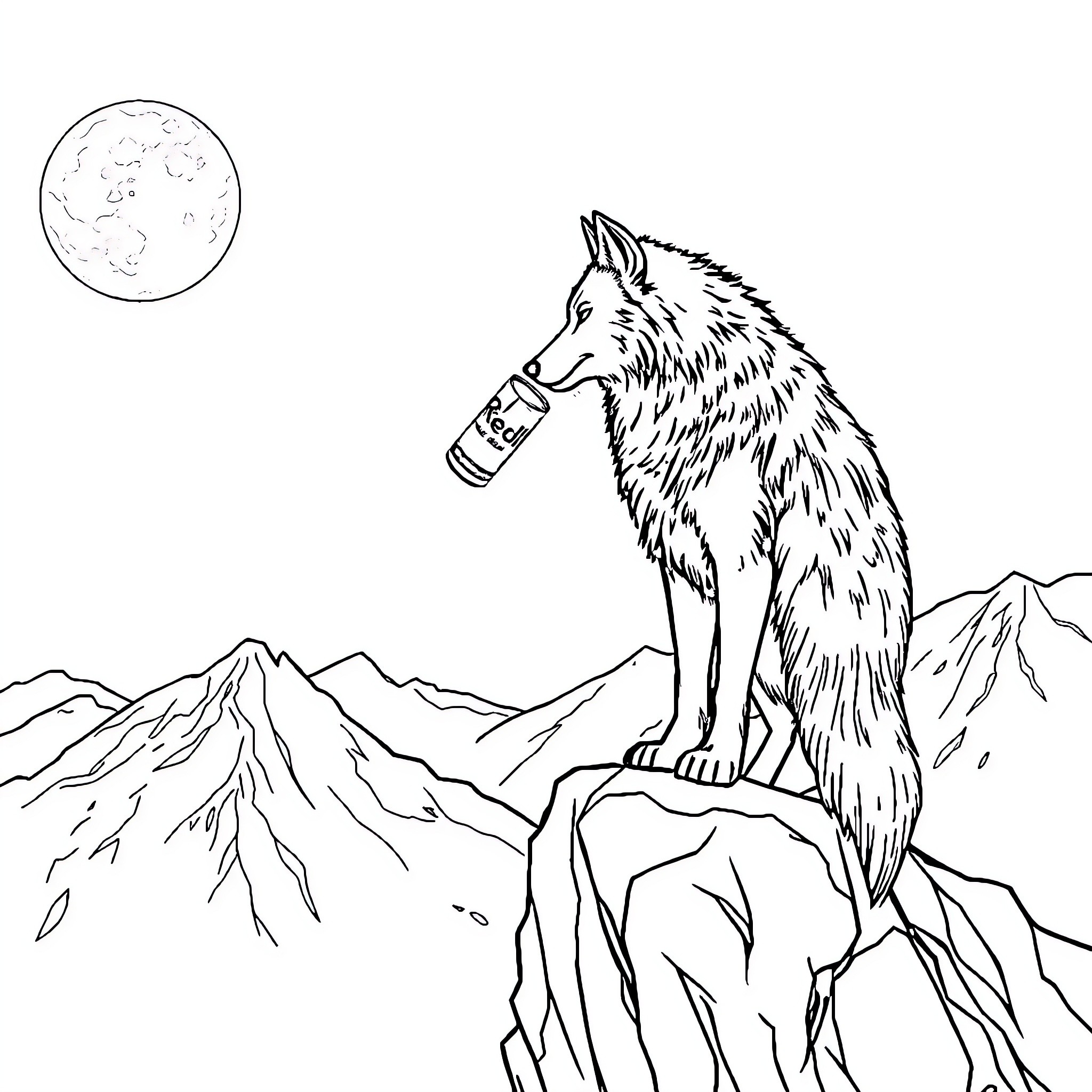 Wolf Howling at the Moonlit Mountain Peak Coloring Page (free black-and-white line drawing printable PDF for all, from beginners to advanced learners, including children, teens, adults, and seniors)
