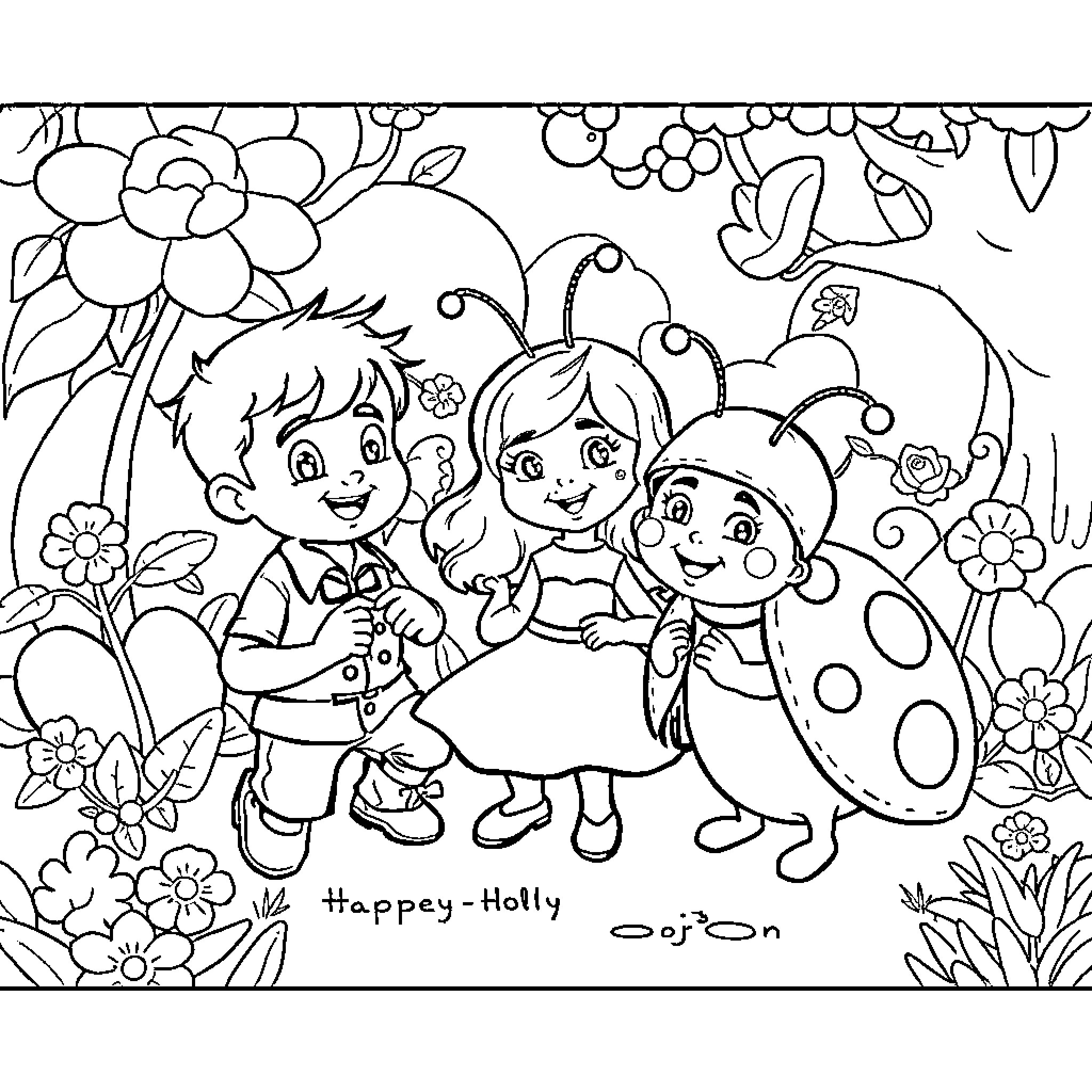 Ben and Holly playing happily in a floral garden Coloring Page (free black-and-white line drawing printable PDF for all, from beginners to advanced learners, including children, teens, adults, and seniors)