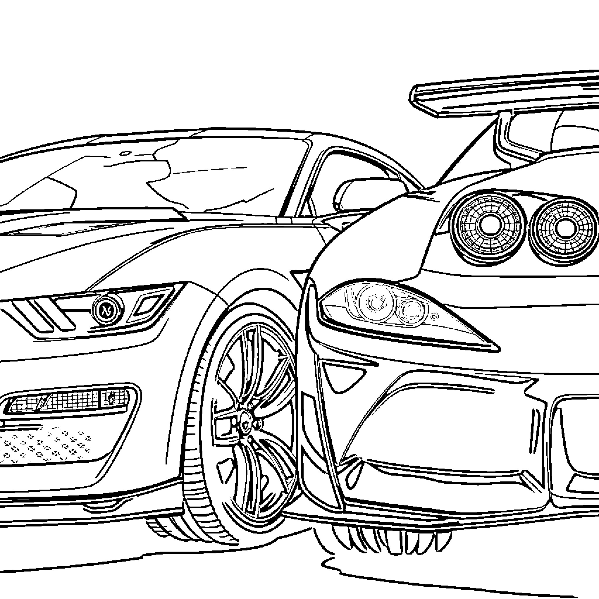 Mustang Racing Coupe in Intense Action Coloring Page (free black-and-white line drawing printable PDF for all, from beginners to advanced learners, including children, teens, adults, and seniors)