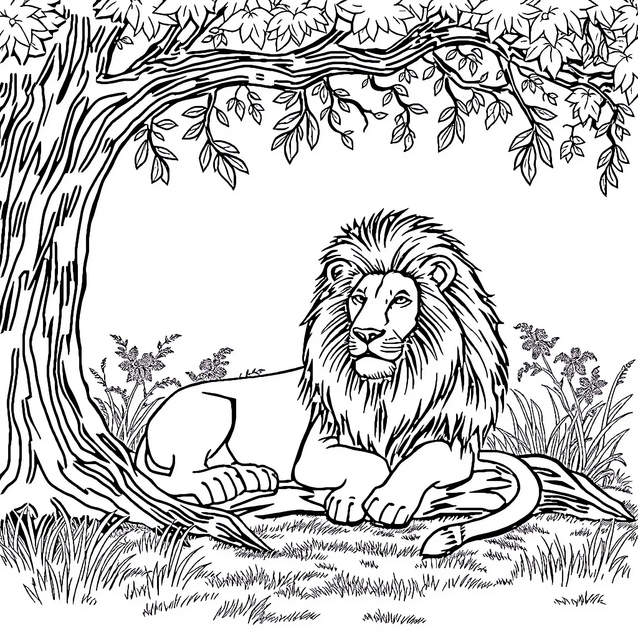 Lion resting in the lush forest scenery Coloring Page (free black-and-white line drawing printable PDF for all, from beginners to advanced learners, including children, teens, adults, and seniors)