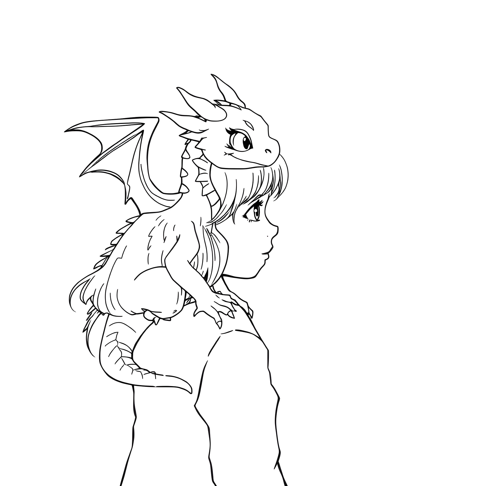 Dragon hatchling perched on a girl's shoulder Coloring Page (free black-and-white line drawing printable PDF for all, from beginners to advanced learners, including children, teens, adults, and seniors)