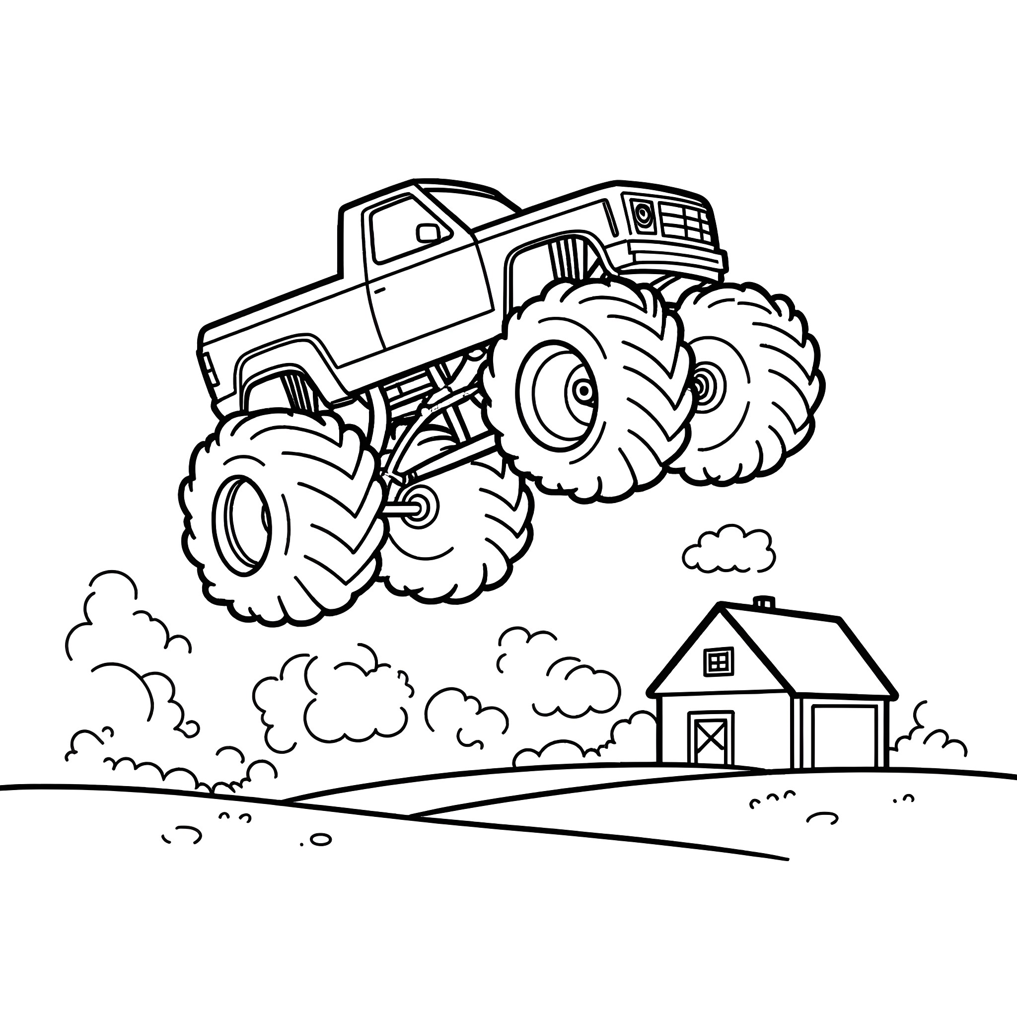 Monster Truck Roaring Through the Countryside Coloring Page (free black-and-white line drawing printable PDF for all, from beginners to advanced learners, including children, teens, adults, and seniors)