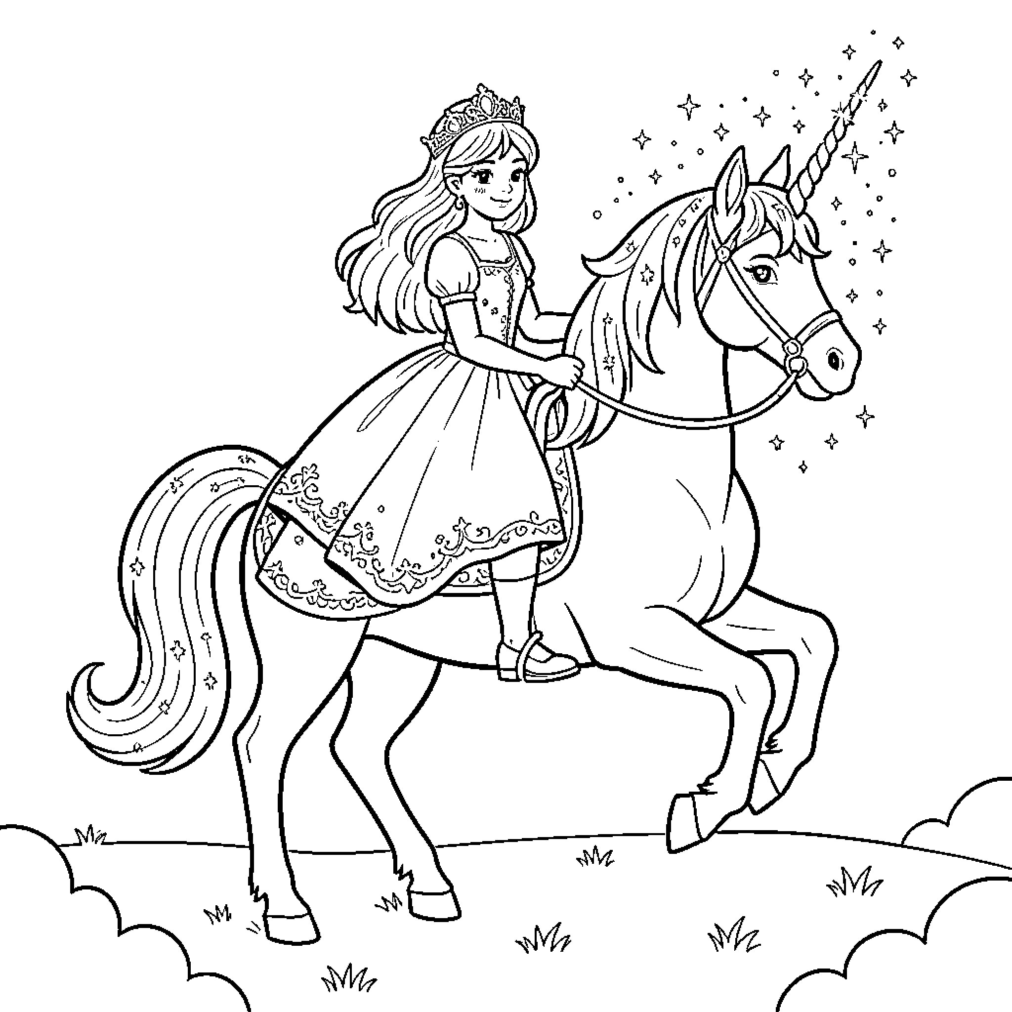 Princess Unicorn Riding a Magical Horse in Enchanted Lands Coloring Page (free black-and-white line drawing printable PDF for all, from beginners to advanced learners, including children, teens, adults, and seniors)