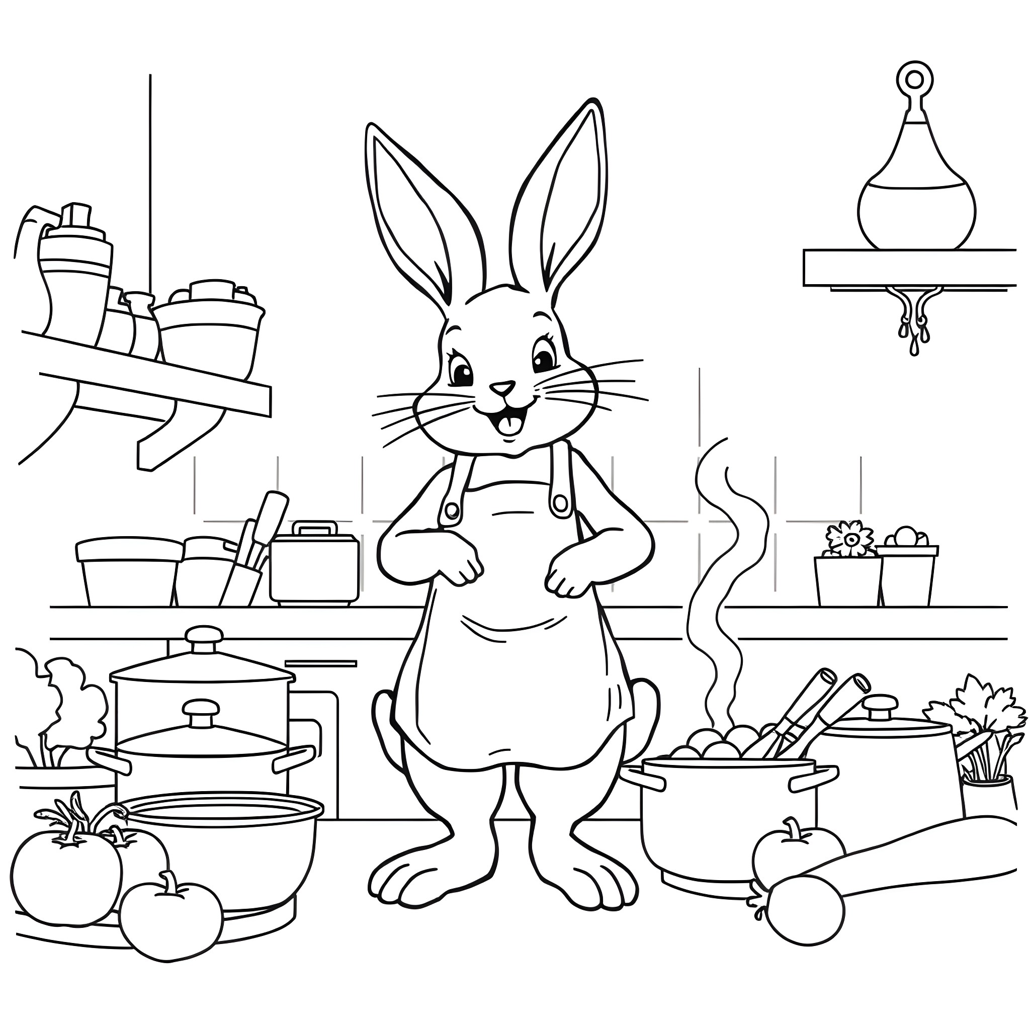 Bunny cooking happily in the kitchen Coloring Page (free black-and-white line drawing printable PDF for all, from beginners to advanced learners, including children, teens, adults, and seniors)