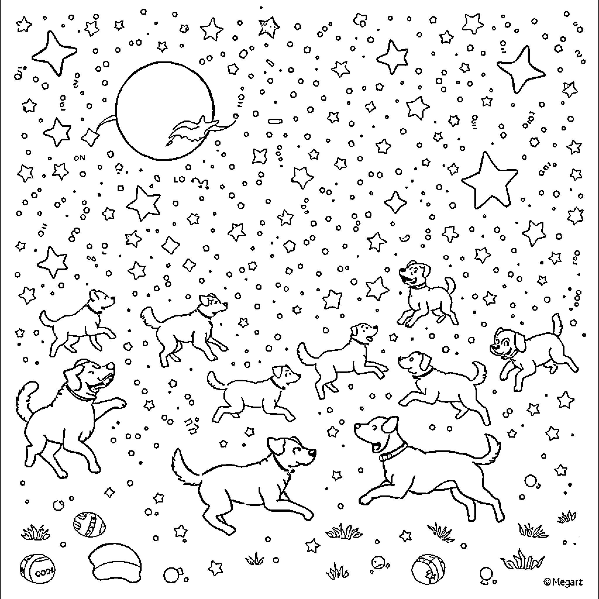 Dogs playing among the stars Coloring Page (free black-and-white line drawing printable PDF for all, from beginners to advanced learners, including children, teens, adults, and seniors)