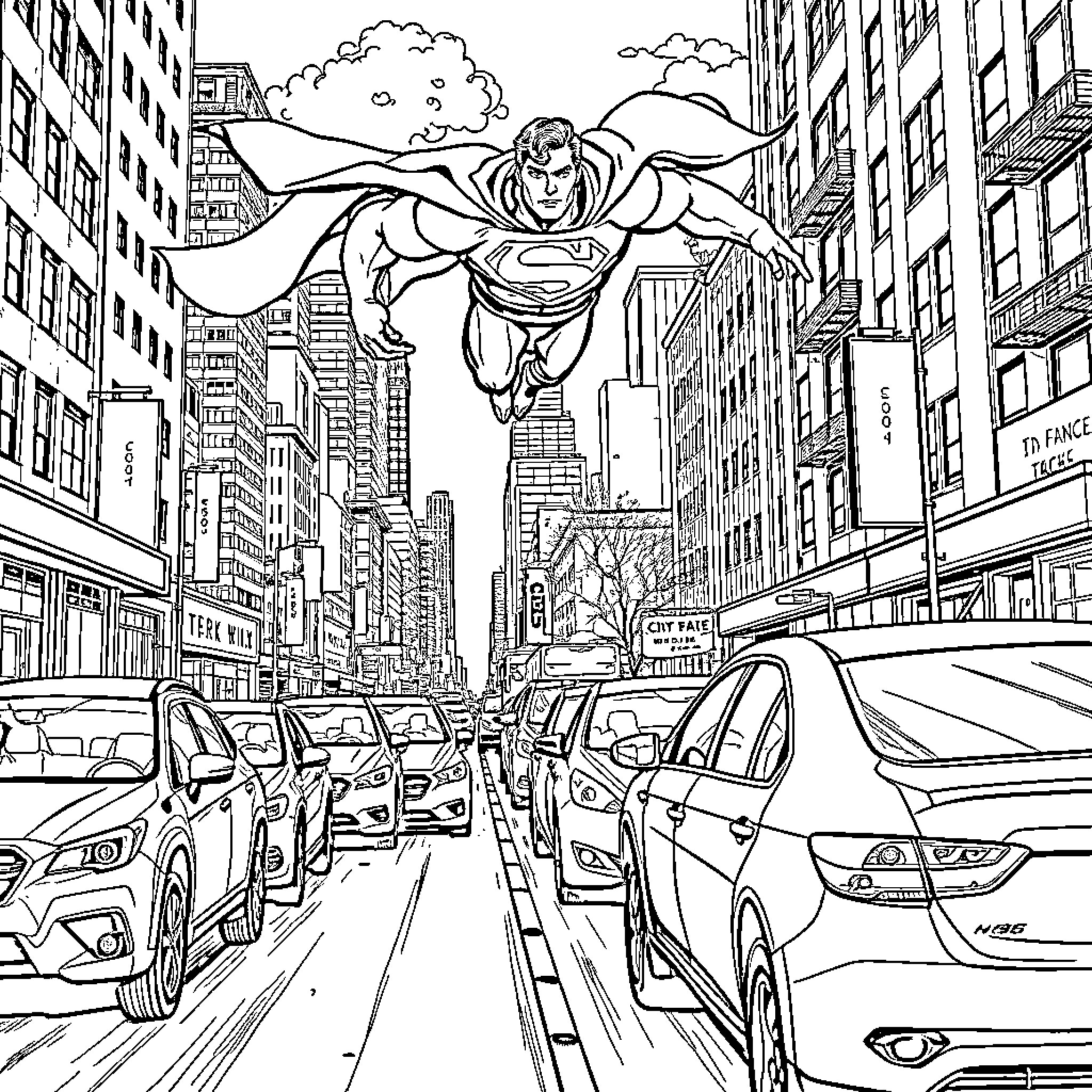 Superman soaring over the bustling city streets Coloring Page (free black-and-white line drawing printable PDF for all, from beginners to advanced learners, including children, teens, adults, and seniors)