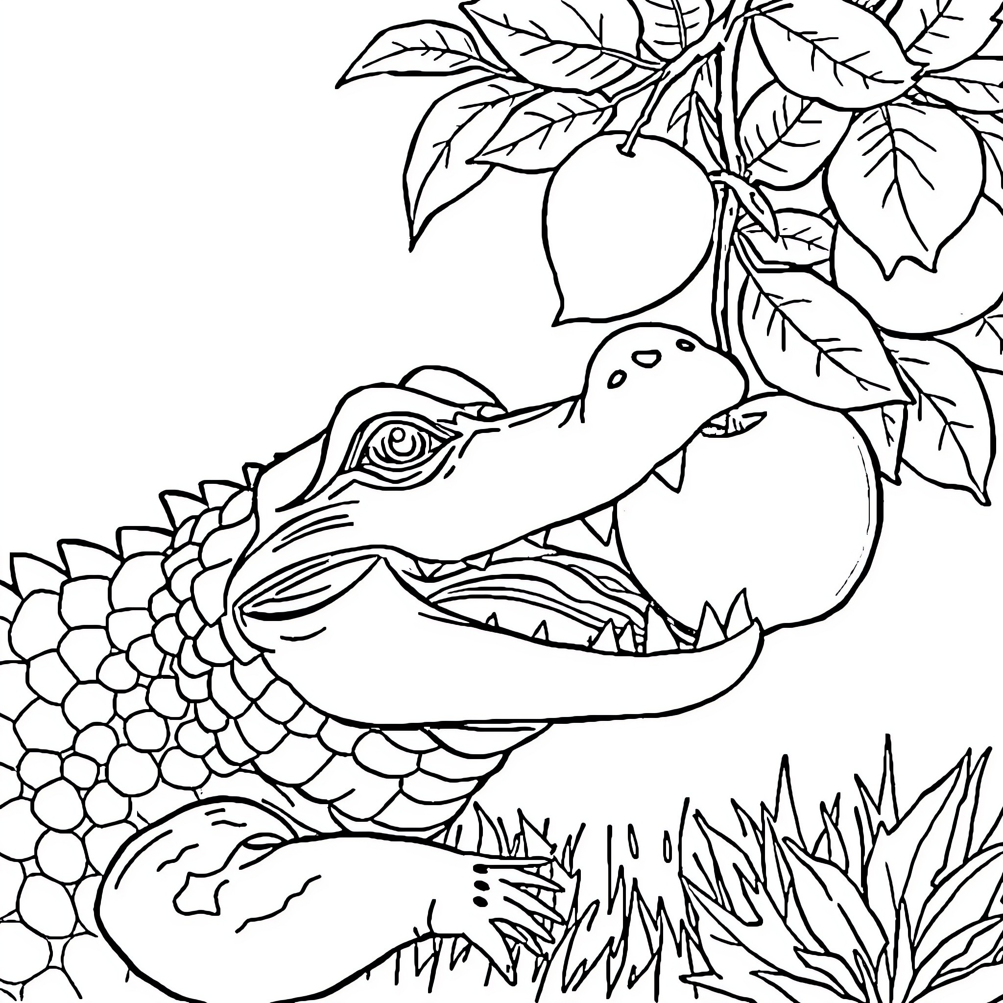 Alligator resting among tropical foliage Coloring Page (free black-and-white line drawing printable PDF for all, from beginners to advanced learners, including children, teens, adults, and seniors)