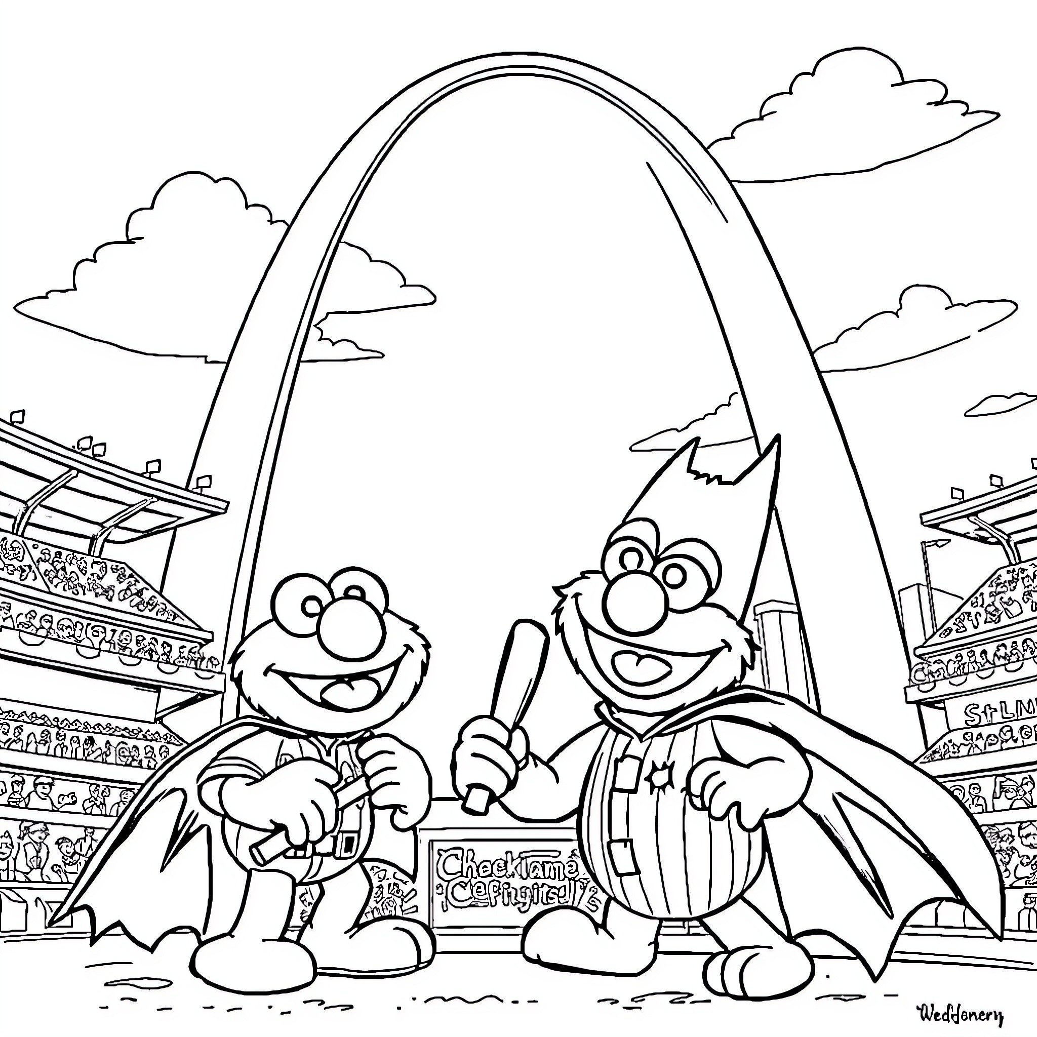 Elmo and friends enjoying a day out Coloring Page (free black-and-white line drawing printable PDF for all, from beginners to advanced learners, including children, teens, adults, and seniors)