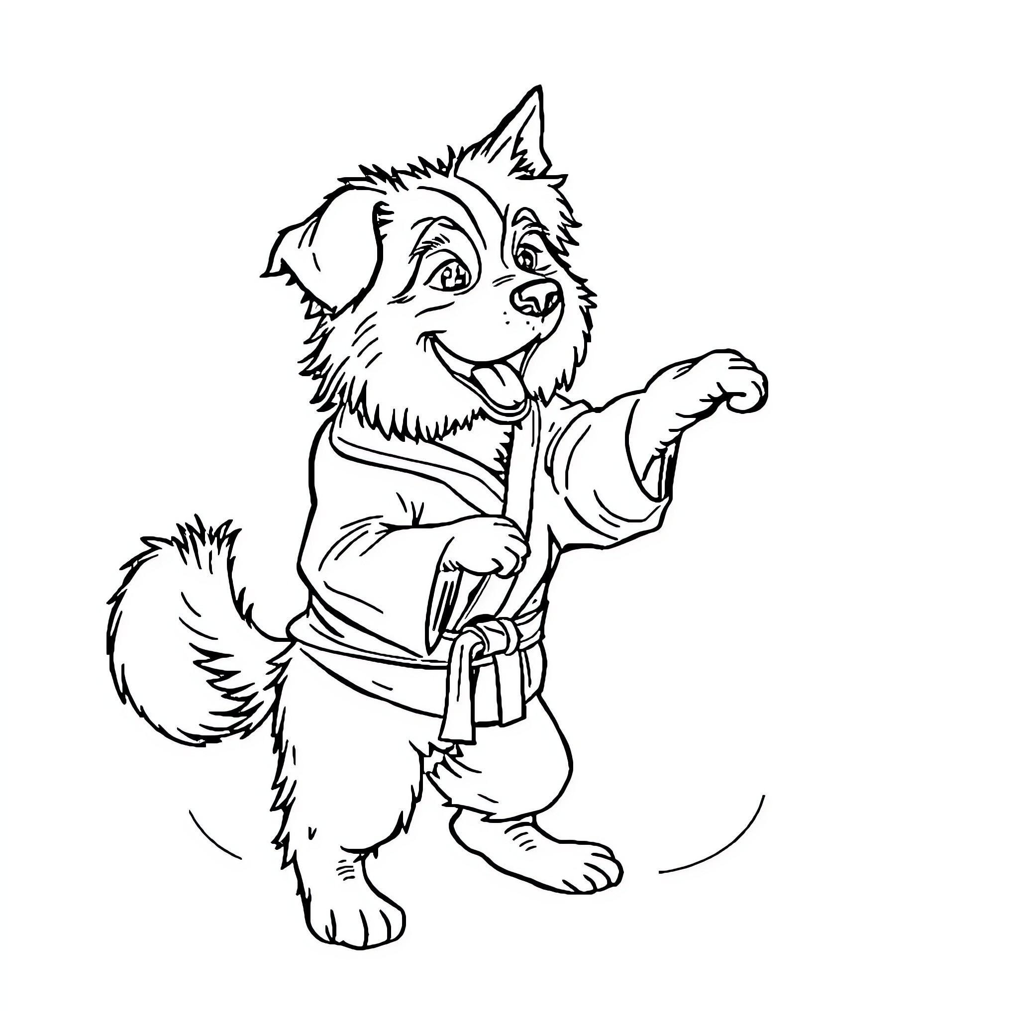Dog in Karate Uniform Performing Martial Arts Pose Coloring Page (free black-and-white line drawing printable PDF for all, from beginners to advanced learners, including children, teens, adults, and seniors)