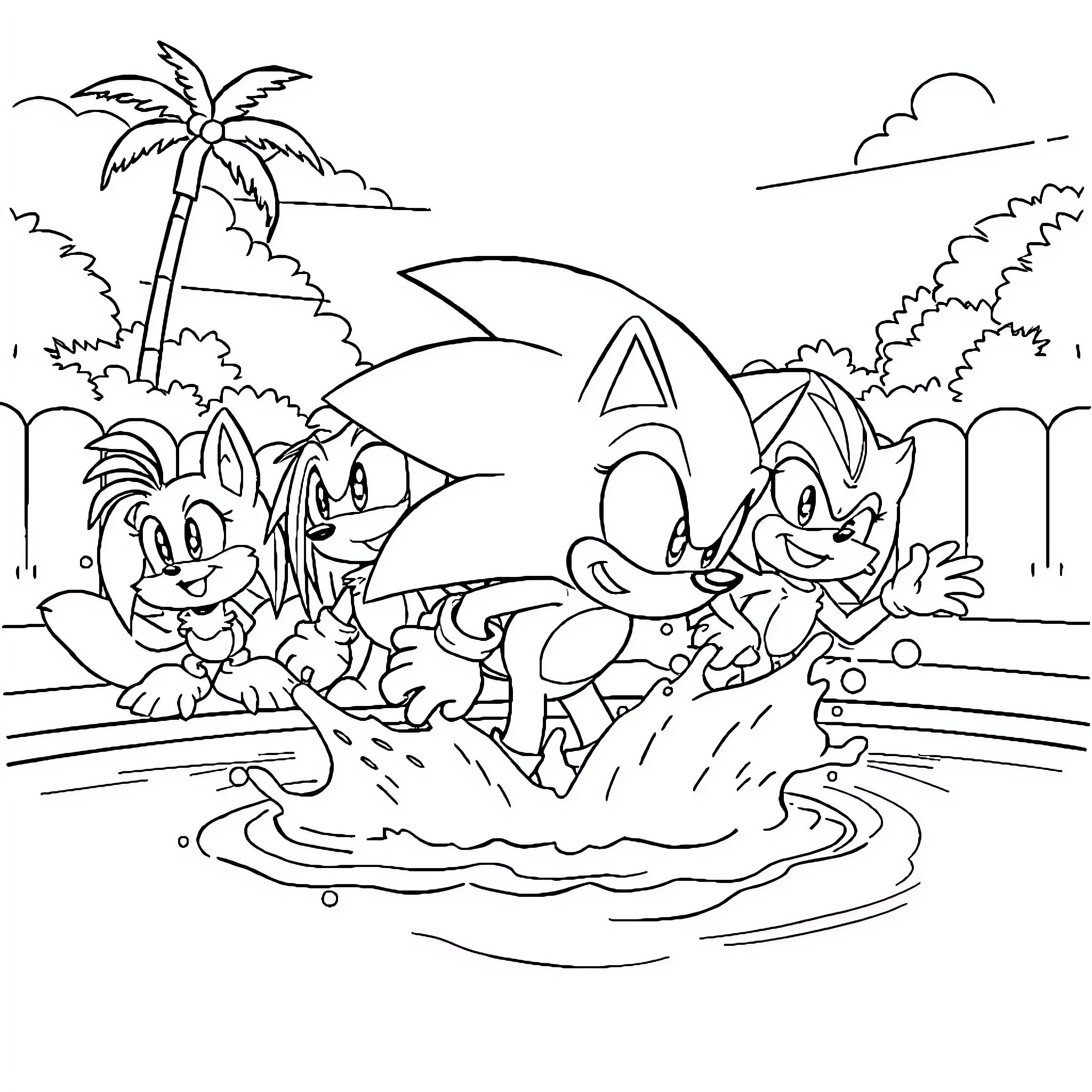 Sonic characters splashing in tropical paradise Coloring Page (free black-and-white line drawing printable PDF for all, from beginners to advanced learners, including children, teens, adults, and seniors)