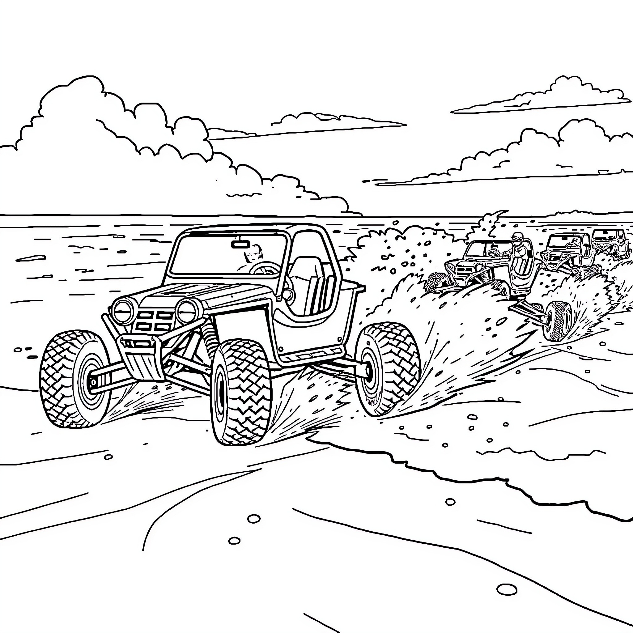 Beach Buggy Racing on the Open Road Coloring Page (free black-and-white line drawing printable PDF for all, from beginners to advanced learners, including children, teens, adults, and seniors)