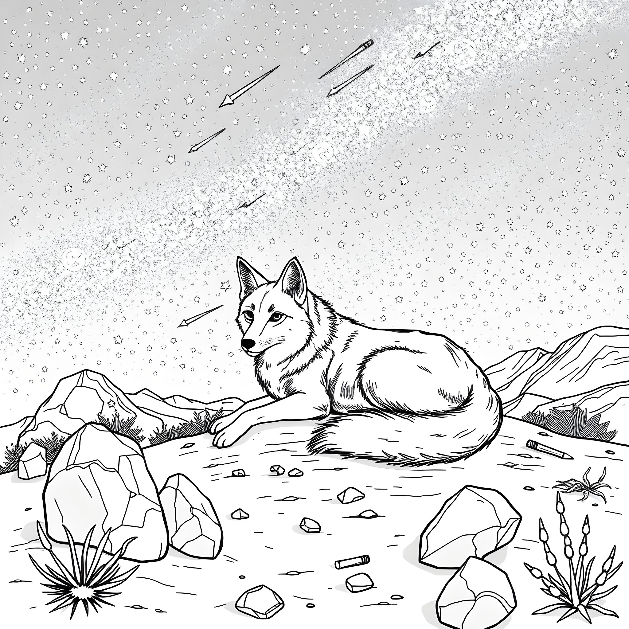 Coyote resting in snowy mountain landscape Coloring Page (free black-and-white line drawing printable PDF for all, from beginners to advanced learners, including children, teens, adults, and seniors)