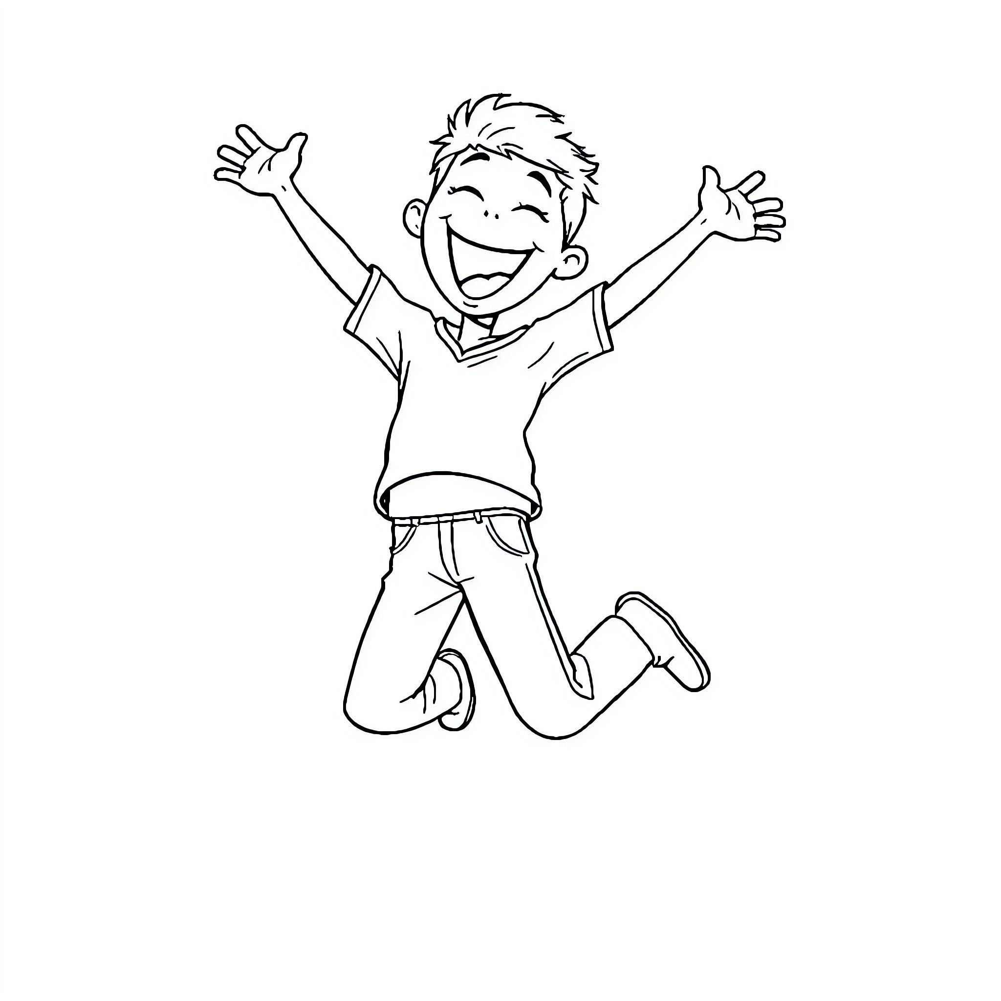 Ecstatic boy joyfully jumping with arms raised Coloring Page (free black-and-white line drawing printable PDF for all, from beginners to advanced learners, including children, teens, adults, and seniors)