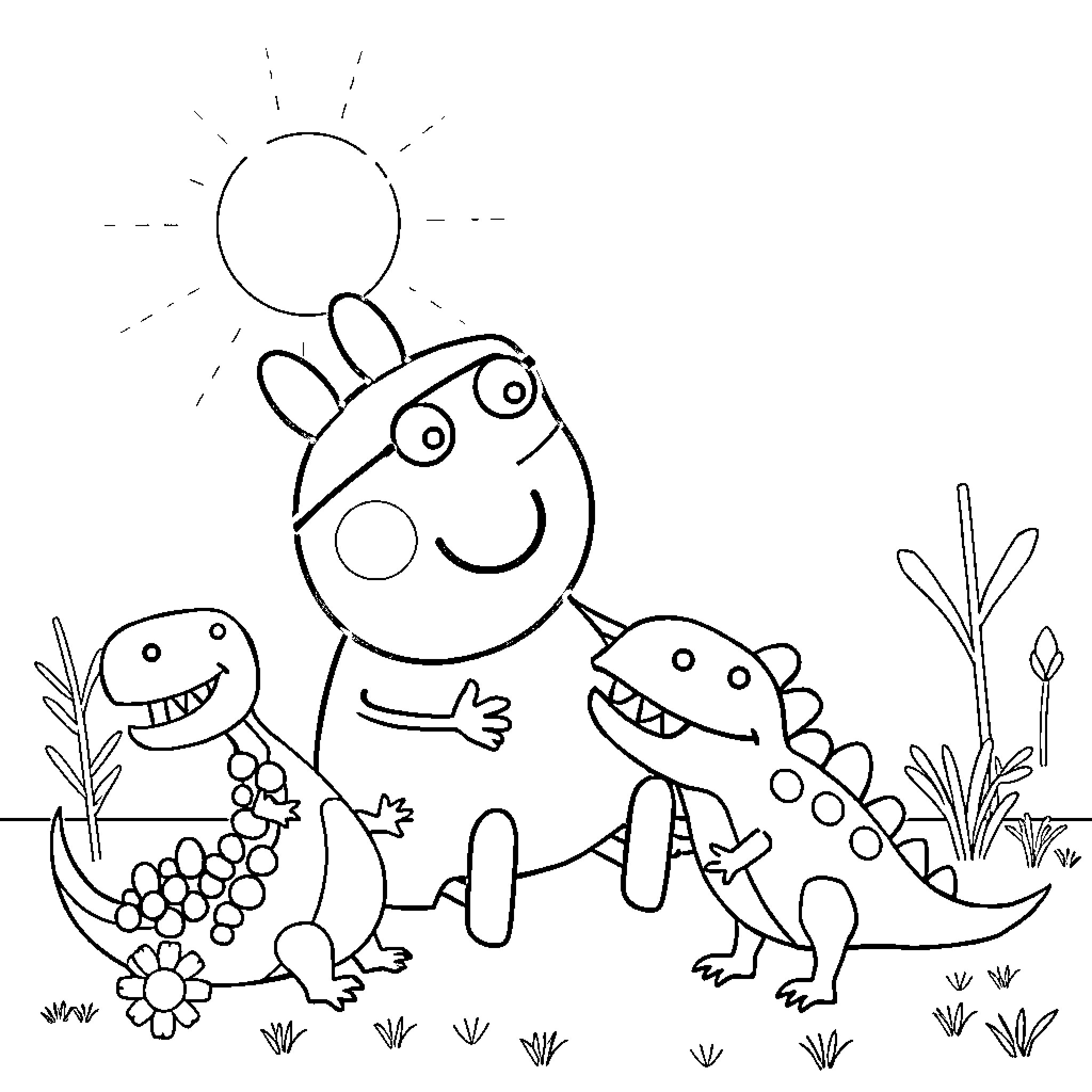Peppa Pig enjoying outdoor adventure with dinosaur friends Coloring Page (free black-and-white line drawing printable PDF for all, from beginners to advanced learners, including children, teens, adults, and seniors)