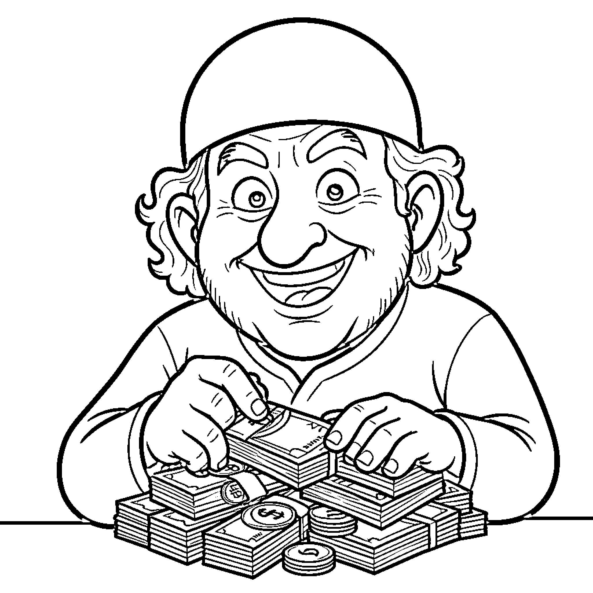 Man enjoying counting his money Coloring Page (free black-and-white line drawing printable PDF for all, from beginners to advanced learners, including children, teens, adults, and seniors)