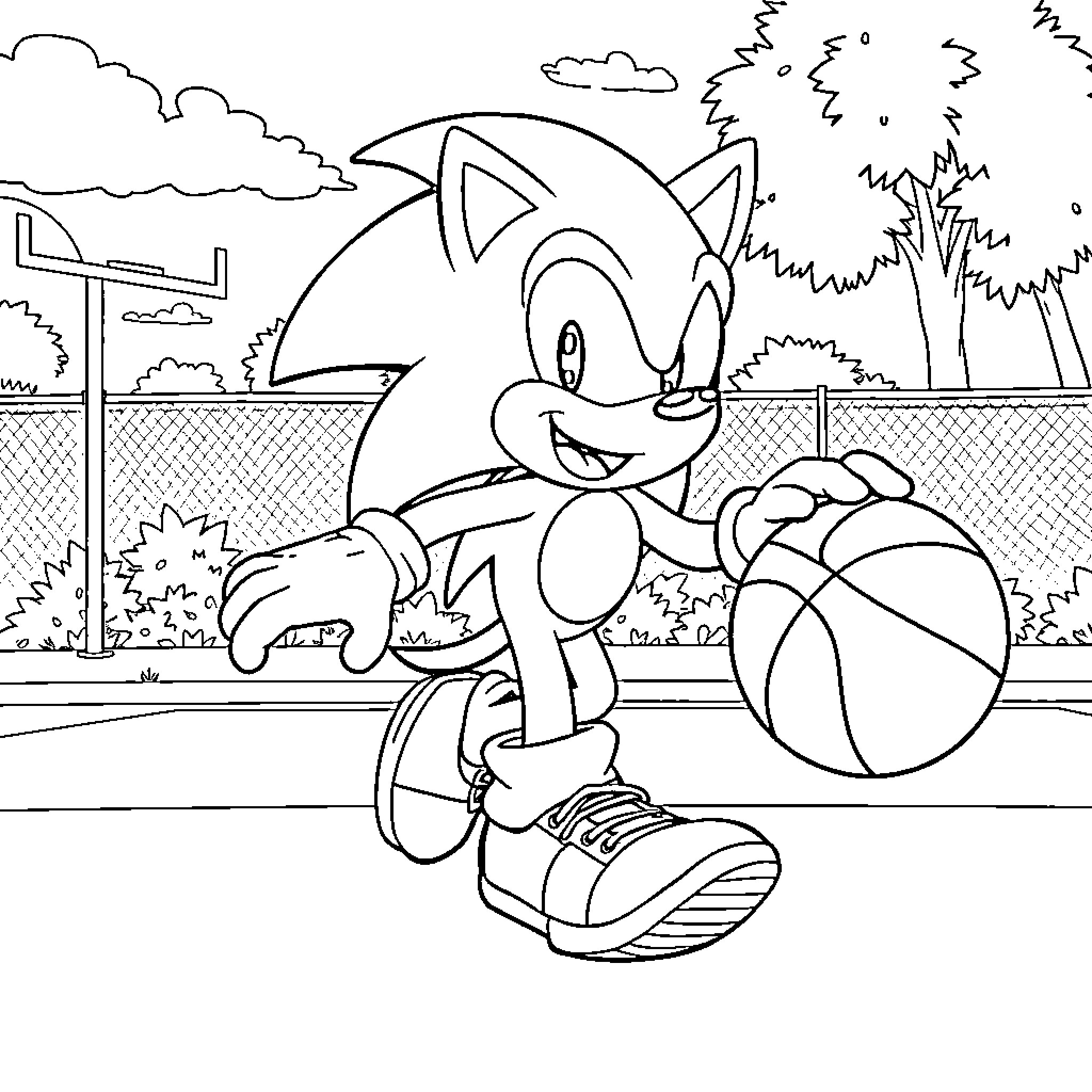 Sonic's Playful Adventure in the Park Coloring Page (free black-and-white line drawing printable PDF for all, from beginners to advanced learners, including children, teens, adults, and seniors)