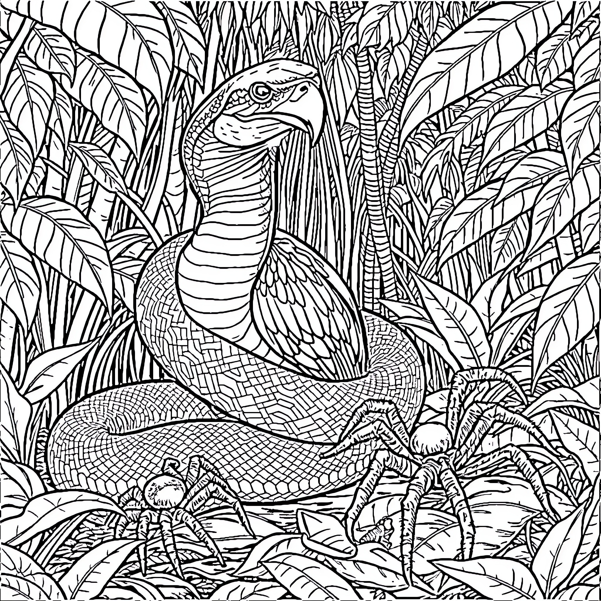 Snake Coiled in Lush Tropical Jungle Coloring Page (free black-and-white line drawing printable PDF for all, from beginners to advanced learners, including children, teens, adults, and seniors)