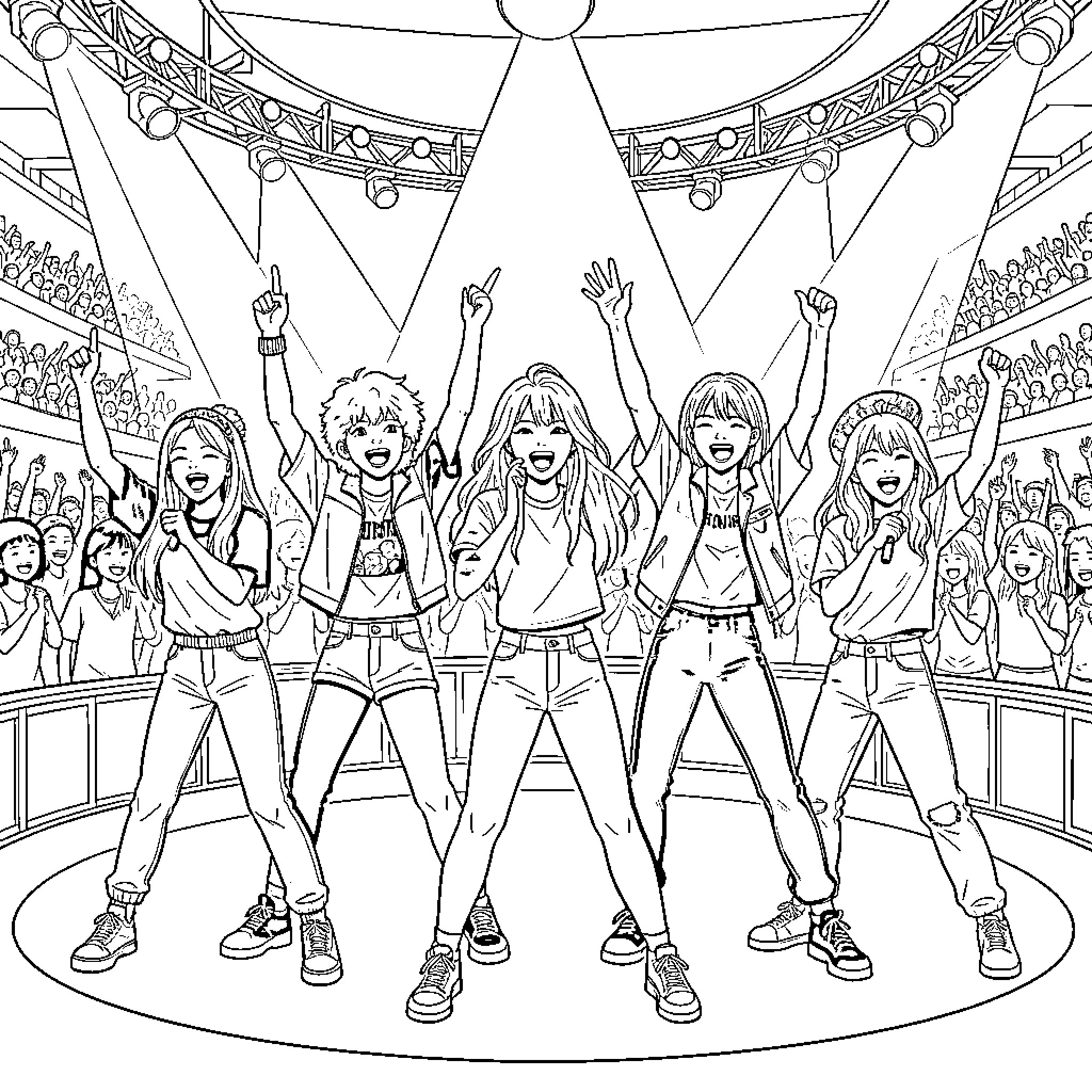 K Pop girl group performing energetically on stage Coloring Page (free black-and-white line drawing printable PDF for all, from beginners to advanced learners, including children, teens, adults, and seniors)