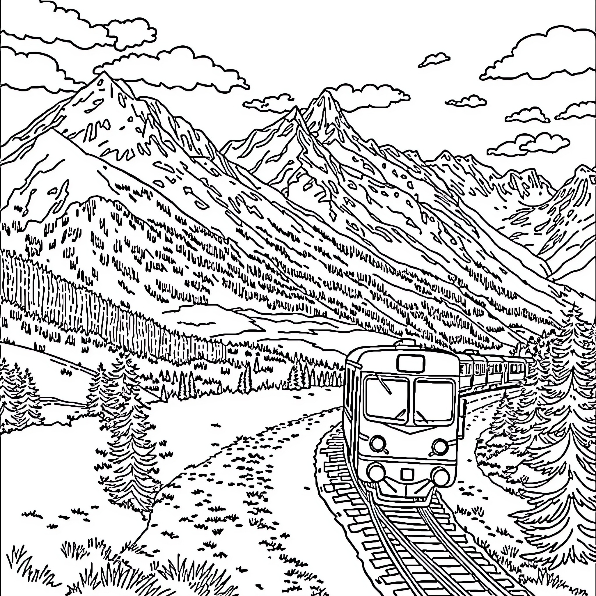 Train traveling through scenic mountain landscape Coloring Page (free black-and-white line drawing printable PDF for all, from beginners to advanced learners, including children, teens, adults, and seniors)