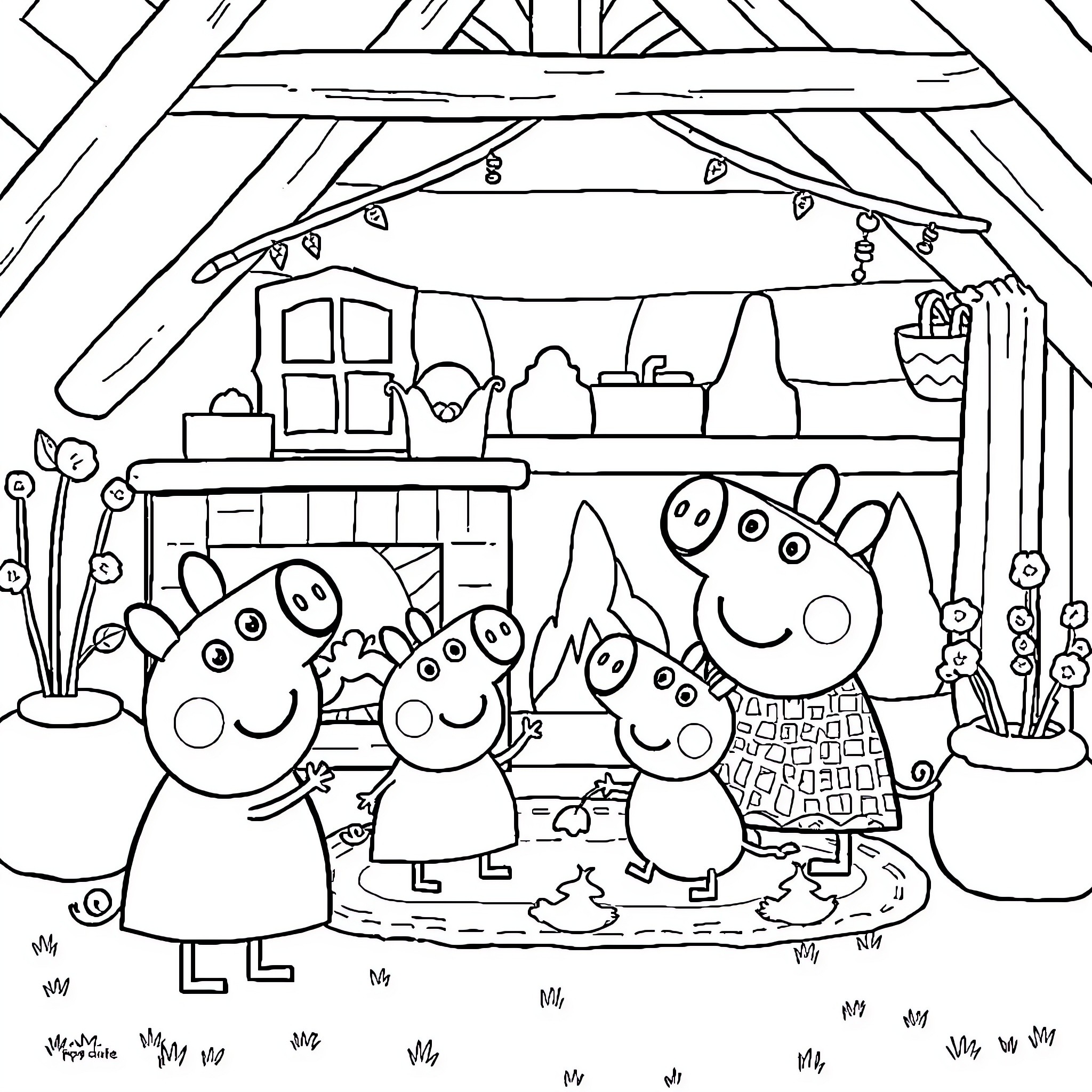 Peppa Pig and family celebrating in cozy home Coloring Page (free black-and-white line drawing printable PDF for all, from beginners to advanced learners, including children, teens, adults, and seniors)